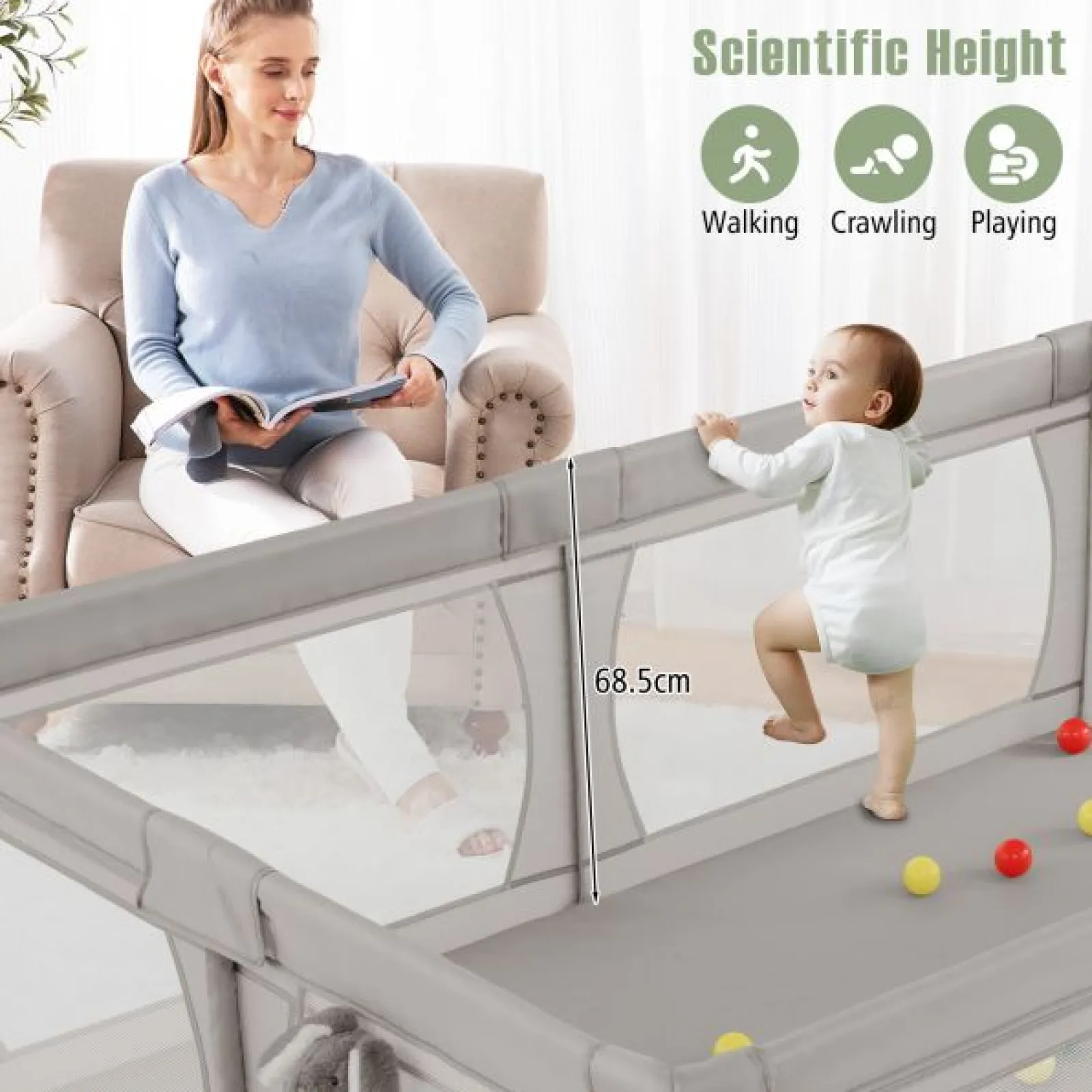 Little Helper Baby Playpens | Travel Cots & Travel Beds | Extra Large Baby Playpen and Ball Pool with 50 Balls, Mat & Carry Bag | Breathable Mesh Fabric | 2m x 1.4m | Grey
