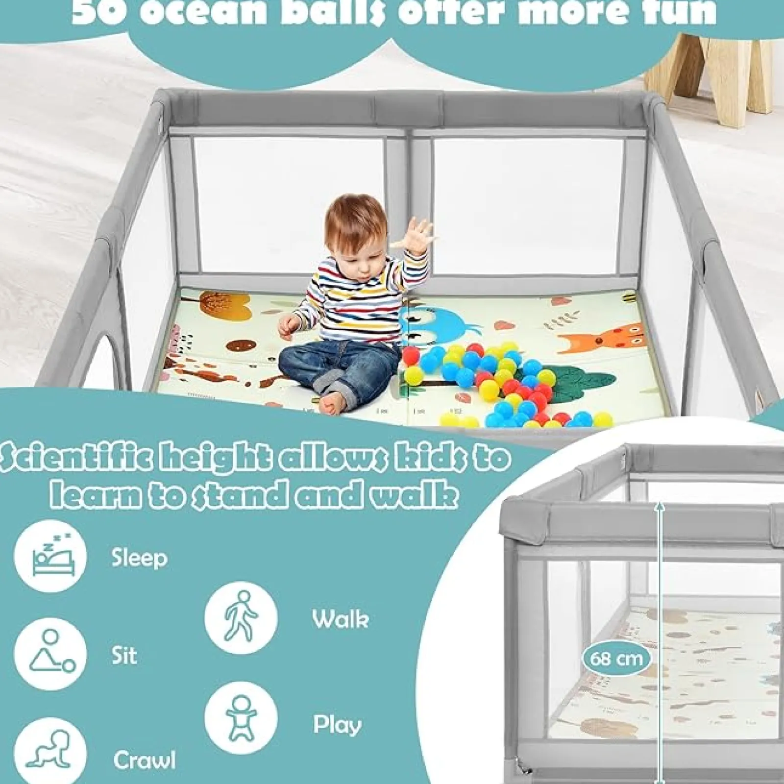 Little Helper Baby Playpens | Travel Cots & Travel Beds | Extra Large Baby Playpen and Ball Pool with 50 Balls, Mat & Carry Bag | Breathable Mesh Fabric | 2m x 1.4m | Grey