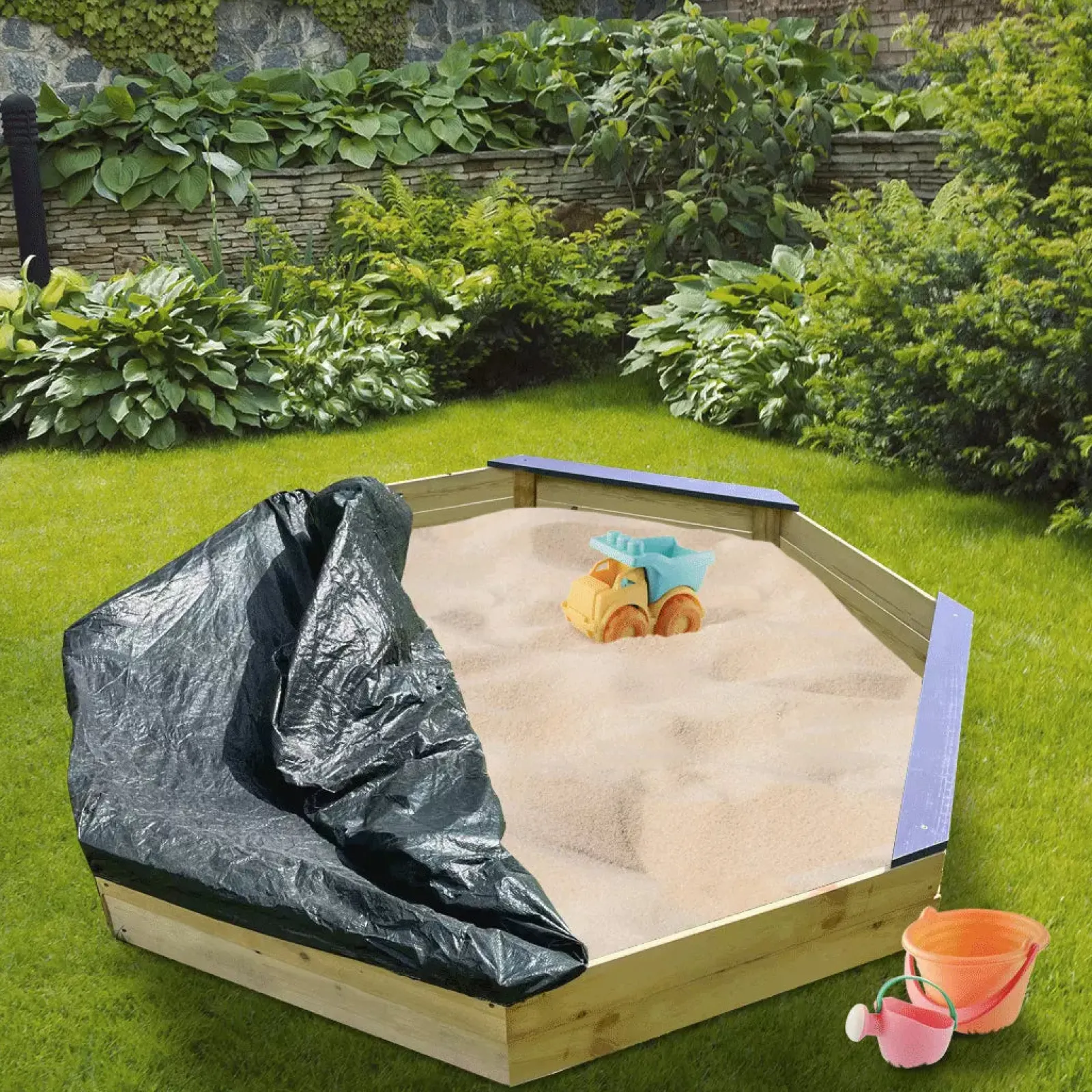 Little Helper Sand & Water Table & Sandpits & Mud Kitchens | Extra Large High Quality & Durable Fir Wood Sandpit w/ Seats & Rain Cover | 1.77m diameter