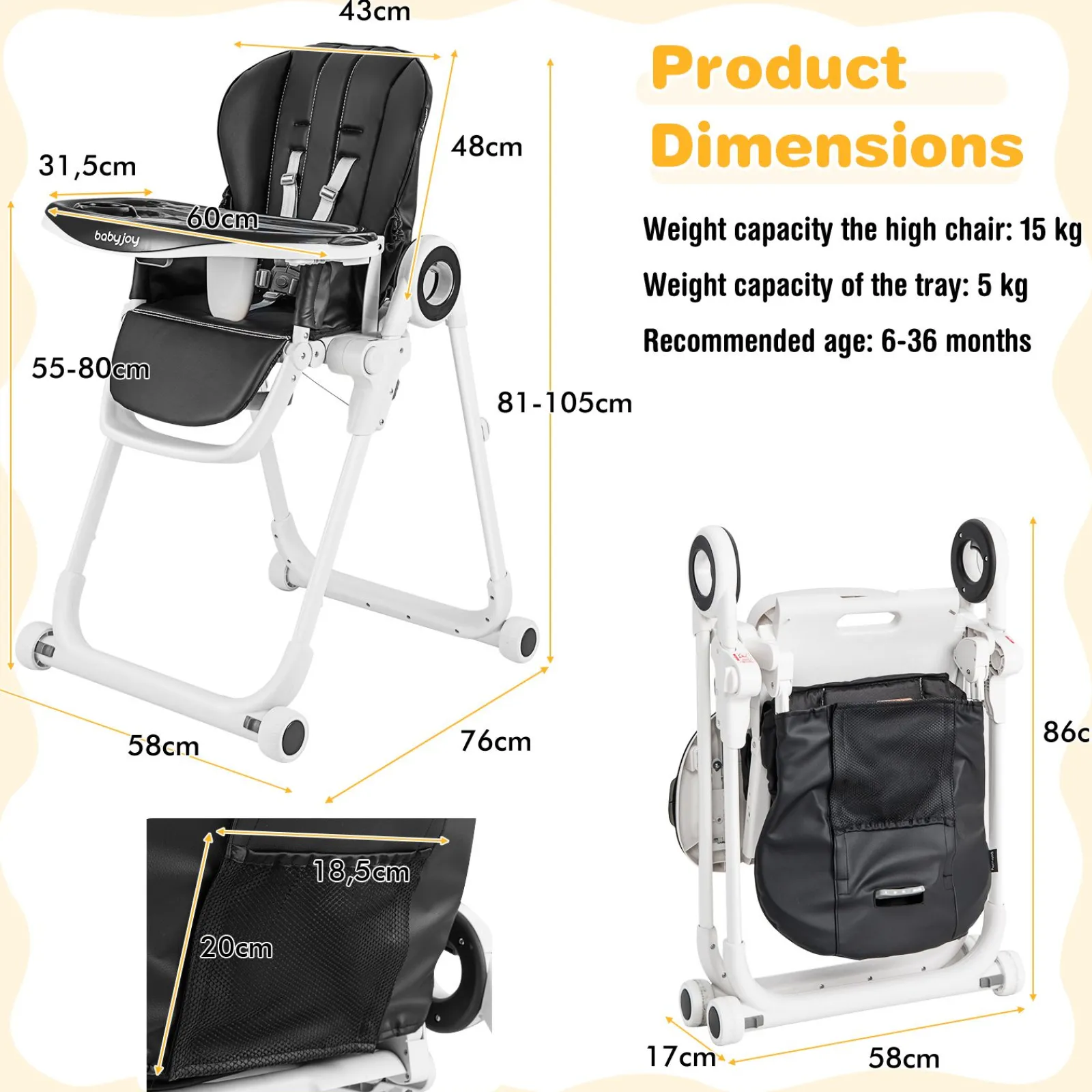 Little Helper High Chairs (plastic) | Folding & Height Adjustable Baby High Chair | Lockable Wheels | Removable Trays | Cushion
