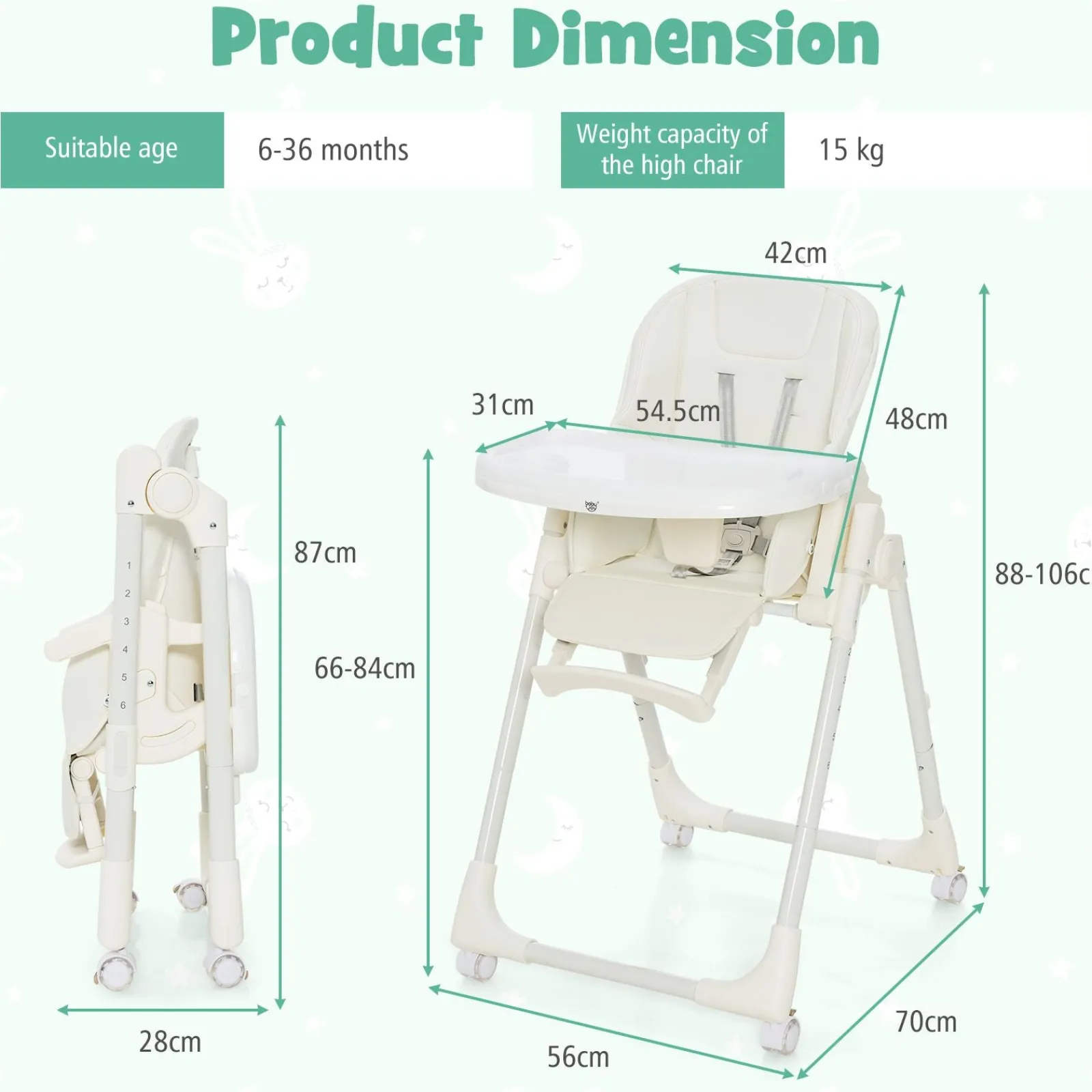 Little Helper High Chairs (plastic) | Folding | Reclining | Adjustable Baby High Chair | 5 Recline Positions | Winter White