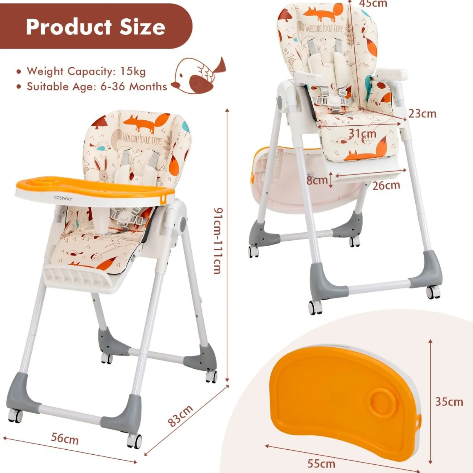 Little Helper High Chairs (plastic) | Folding & Reclining Fox Baby High Chair | Low Chair | 3 Recline Positions | Locking Wheels