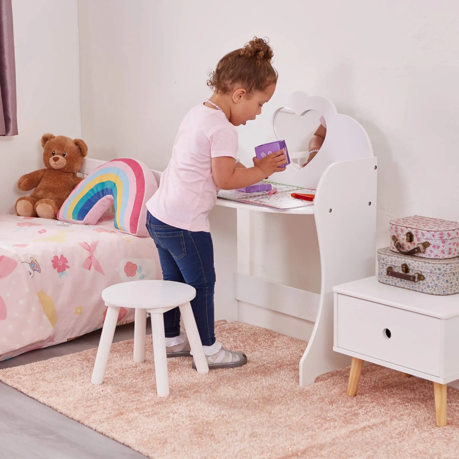 Little Helper Table & Chairs (wooden) | Dressing Tables & Vanity Tables | Girls | Childrens Dressing Table | Vanity Table cum Desk & Stool | Solid White Wood