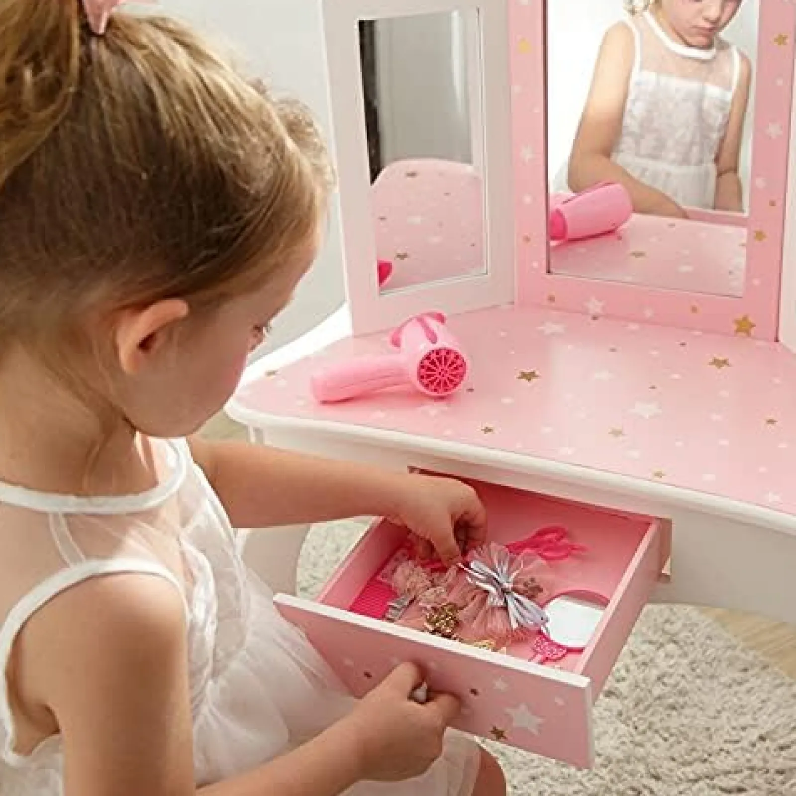 Little Helper Dressing Tables & Vanity Tables | Girls Dressing Table | Vanity Table | Crystal Knobs | Pink Stars and White | 6 - 13 Years