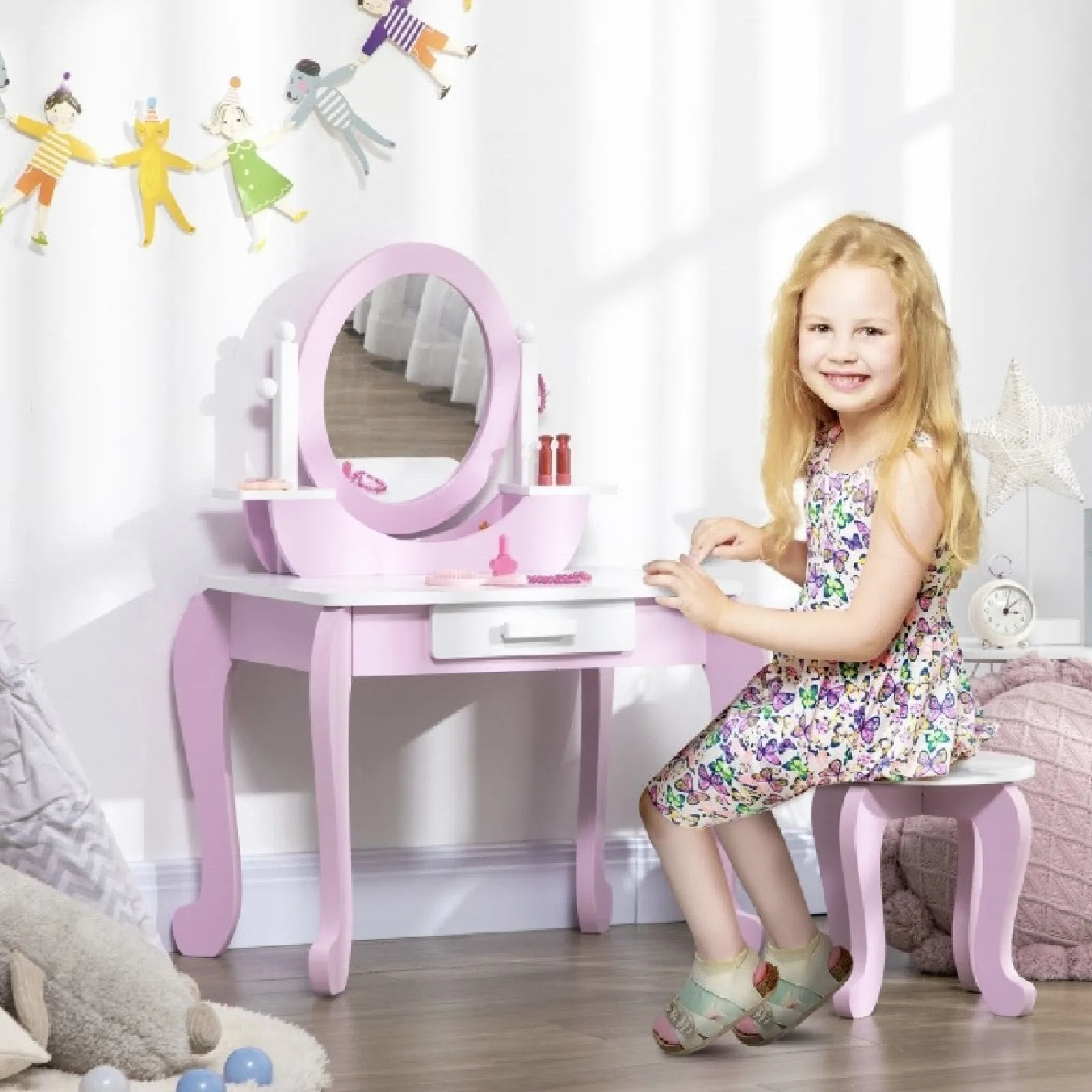 Little Helper Dressing Tables & Vanity Tables | Girls Dressing Table with Mirror and Stool | Vanity Unit with Drawer | Pink & White | 3-6 Years