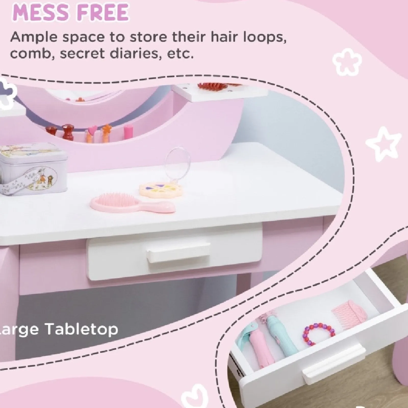 Little Helper Dressing Tables & Vanity Tables | Girls Dressing Table with Mirror and Stool | Vanity Unit with Drawer | Pink & White | 3-6 Years
