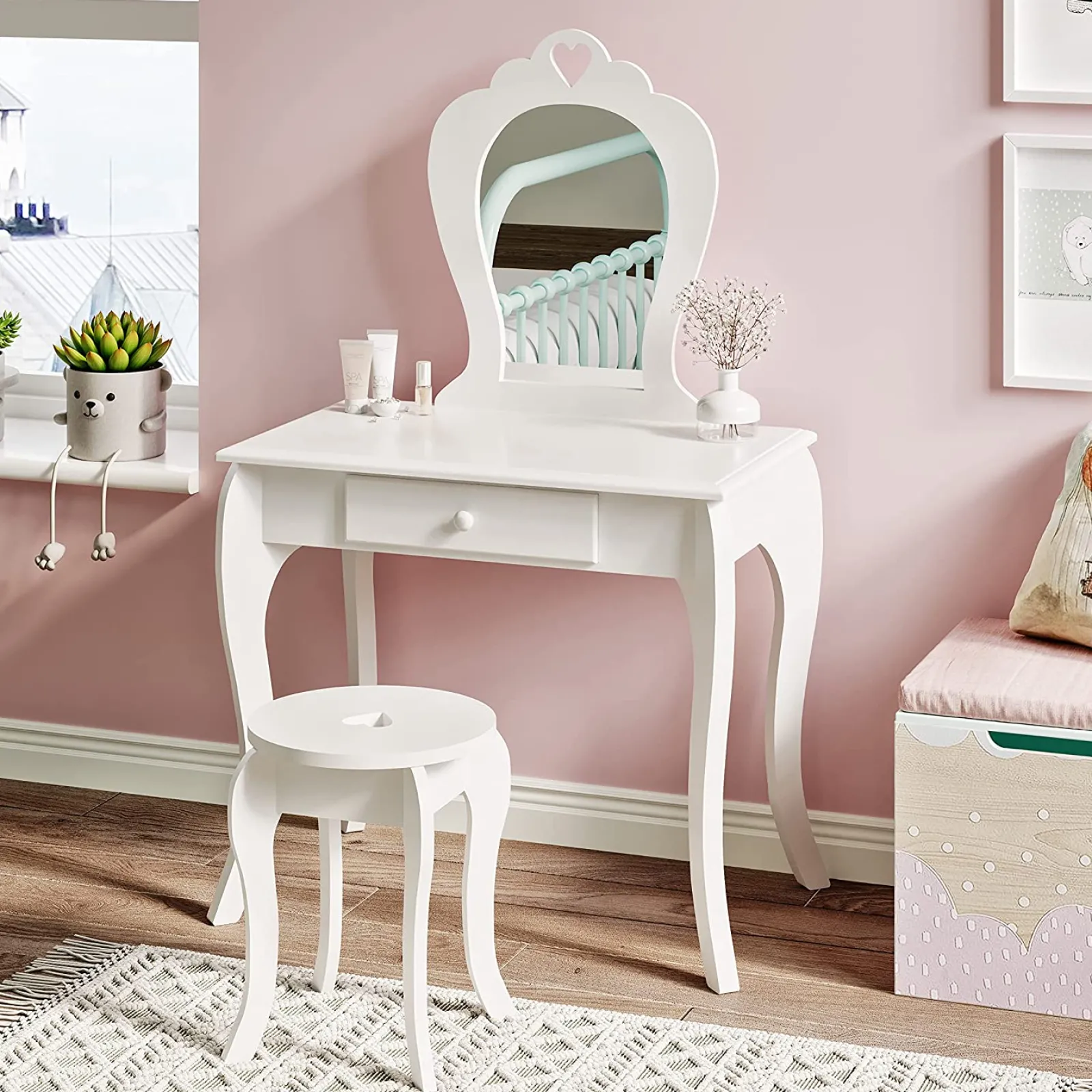 Little Helper Table & Chairs (wooden) | Dressing Tables & Vanity Tables | Girls Princess Dressing Table & Stool with Mirror & Drawers | Kids Vanity Table | White or Pink | 3-8 Years