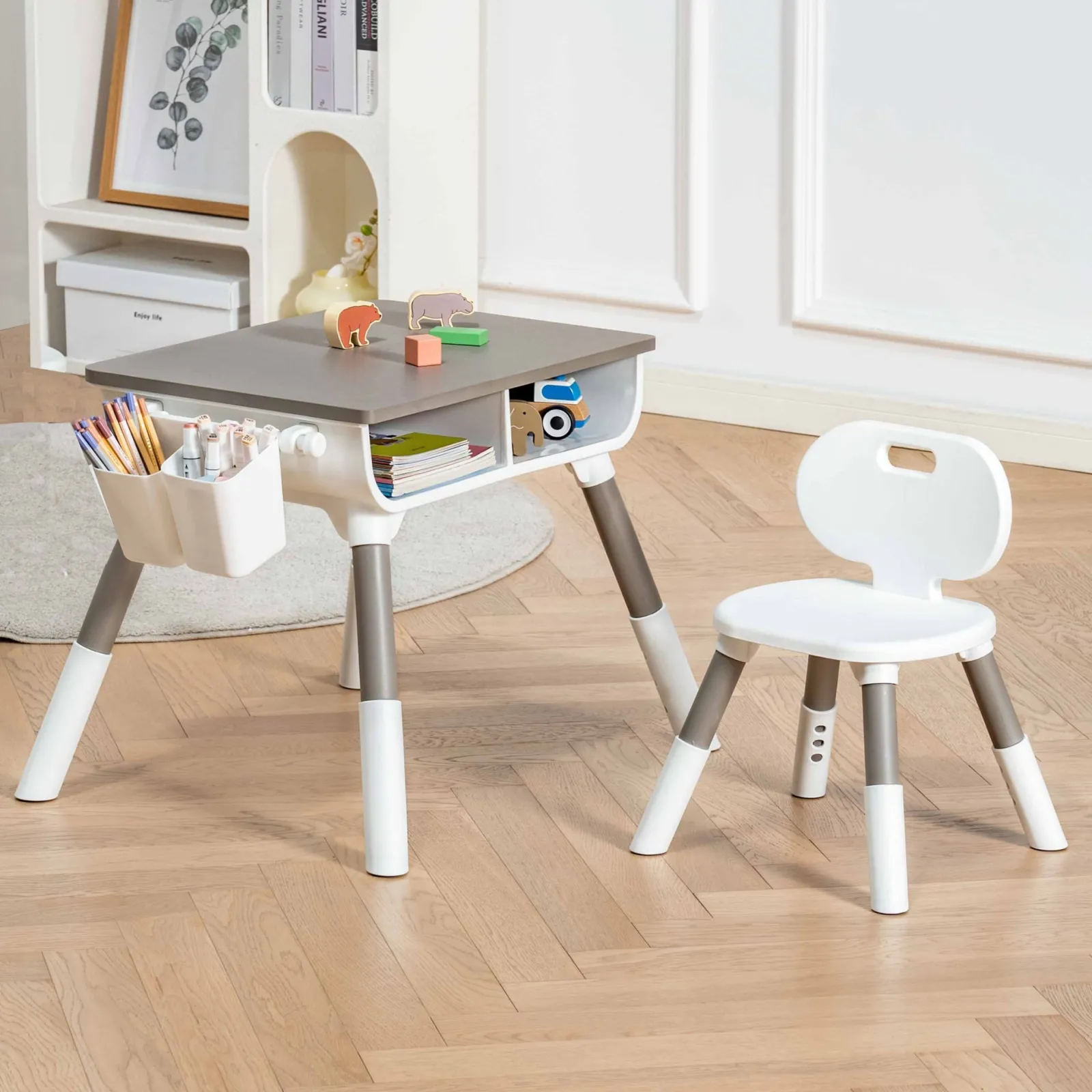 Little Helper Montessori Toys & Products | Table & Chairs (wooden) | Grow-with-me Height Adjustable Montessori Scandi-Design Kids Table and Chair | White & Grey | 2-8 Years