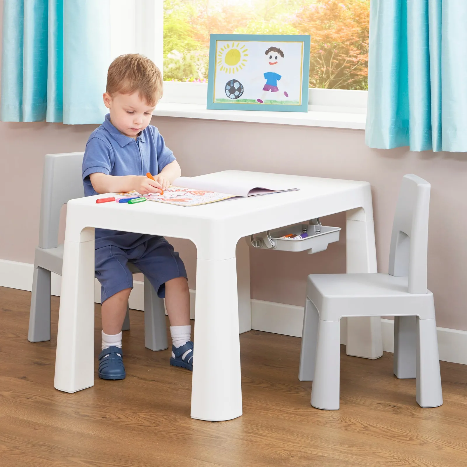 Little Helper Table & Chairs (plastic) | Grow-with-me Kids Height Adjustable Table & Chairs | Storage | 2-8 years | Grey & White