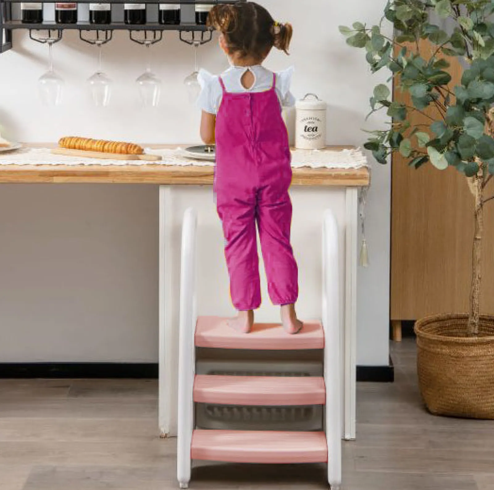 Little Helper Funpod® Learning Towers | Chairs & Stools | Grow-with-me Montessori Non Slip Step Stool | Learning Tower | White & Pink | 12m+
