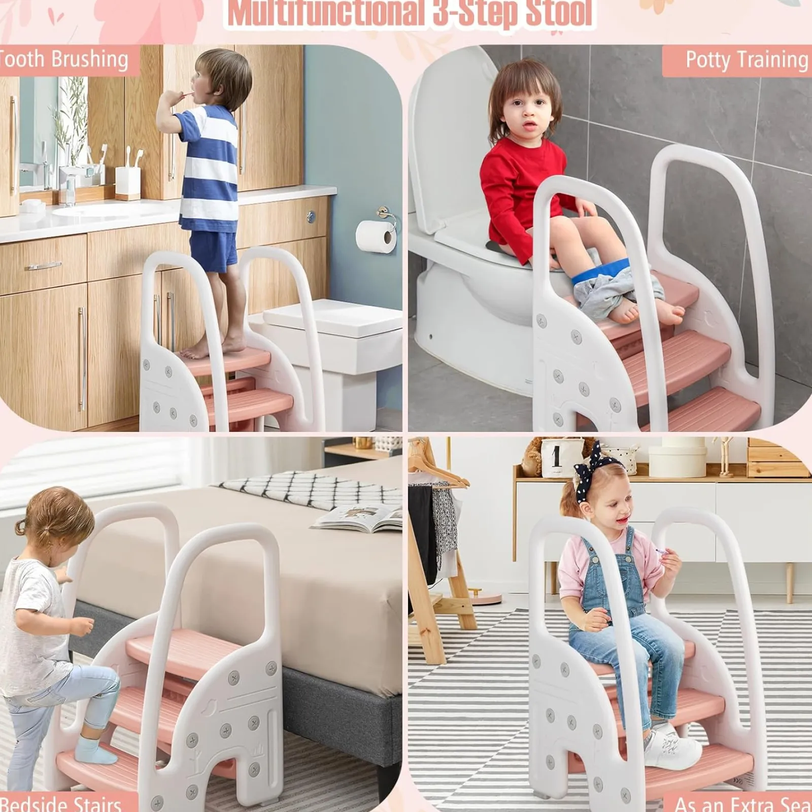 Little Helper Funpod® Learning Towers | Chairs & Stools | Grow-with-me Montessori Non Slip Step Stool | Learning Tower | White & Pink | 12m+