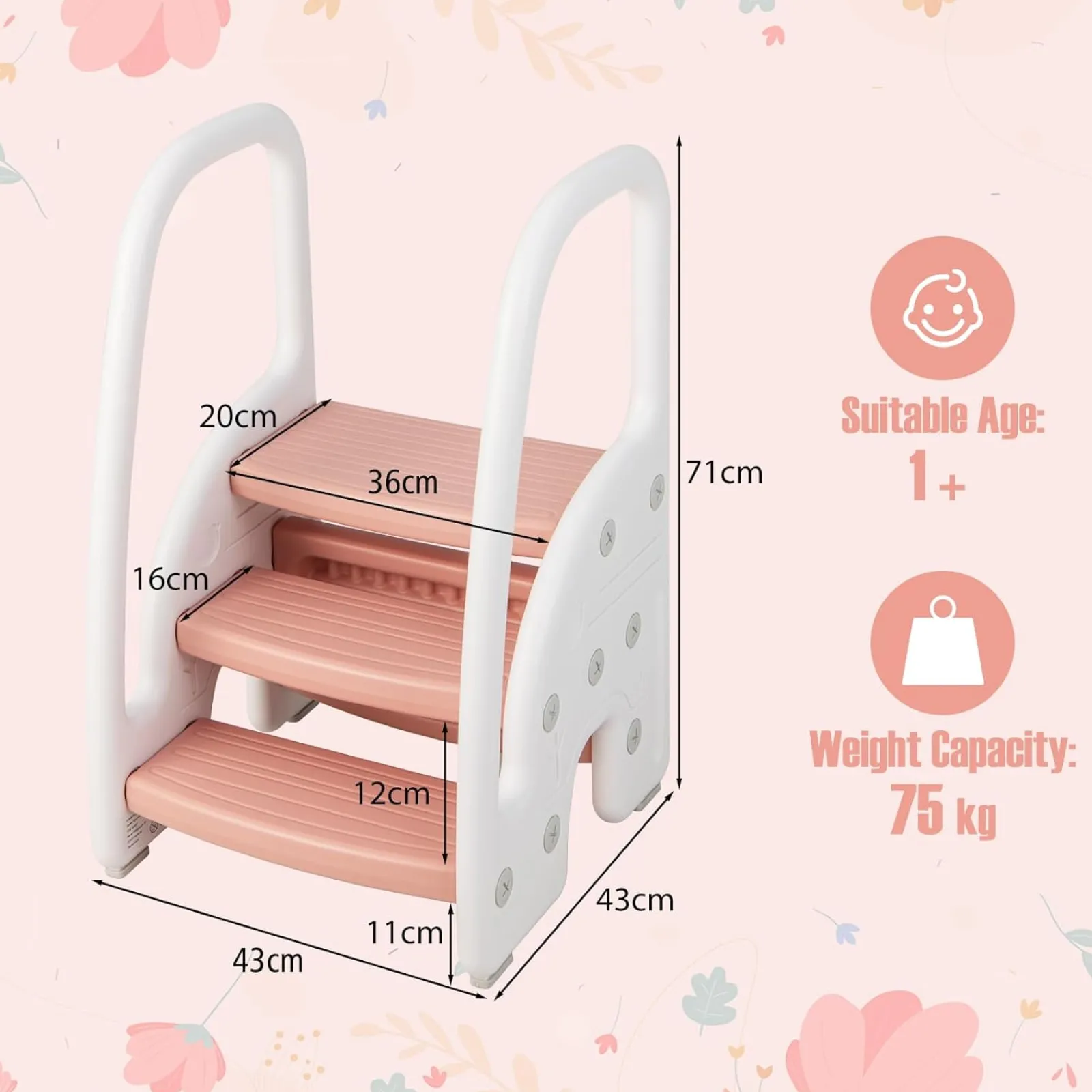 Little Helper Funpod® Learning Towers | Chairs & Stools | Grow-with-me Montessori Non Slip Step Stool | Learning Tower | White & Pink | 12m+