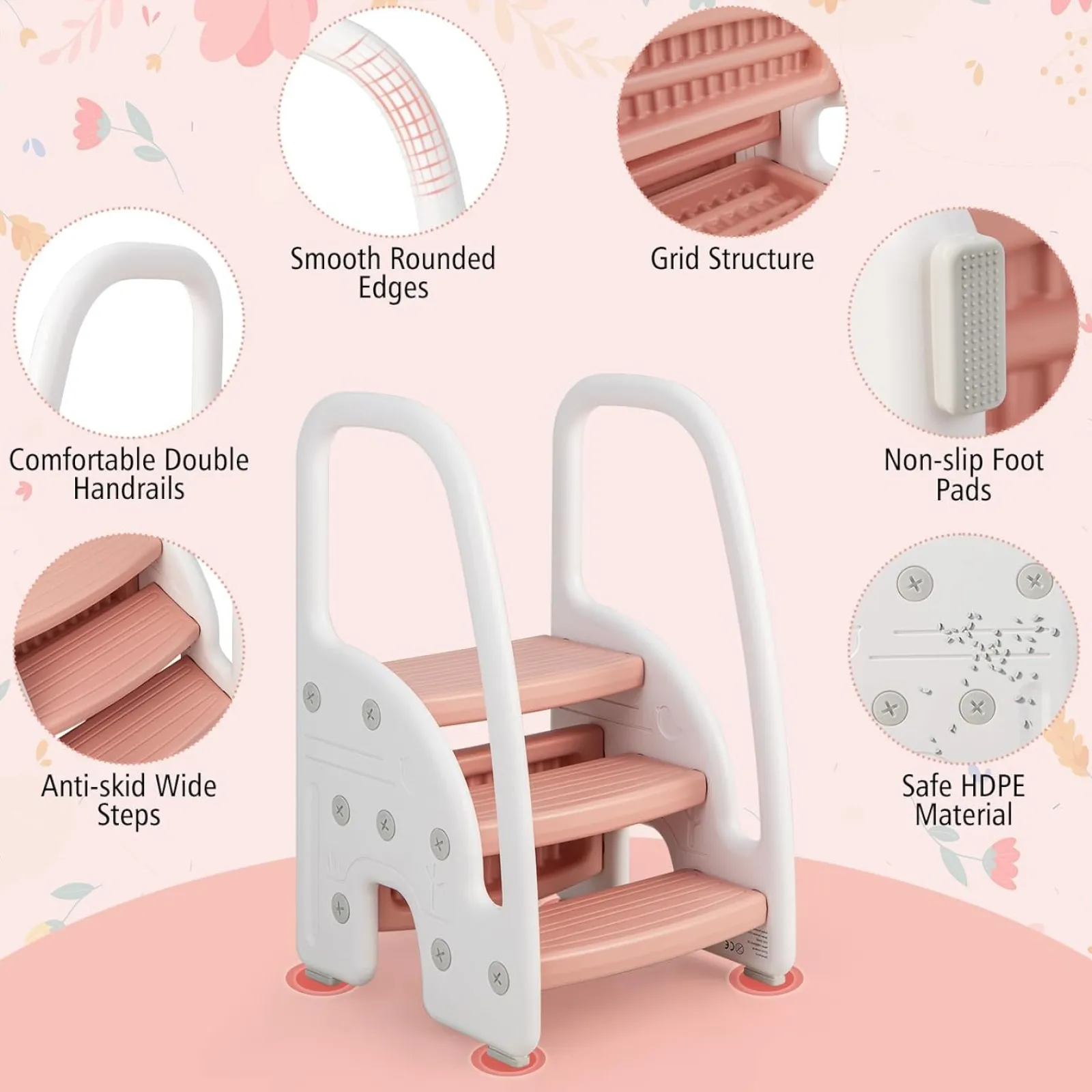 Little Helper Funpod® Learning Towers | Chairs & Stools | Grow-with-me Montessori Non Slip Step Stool | Learning Tower | White & Pink | 12m+