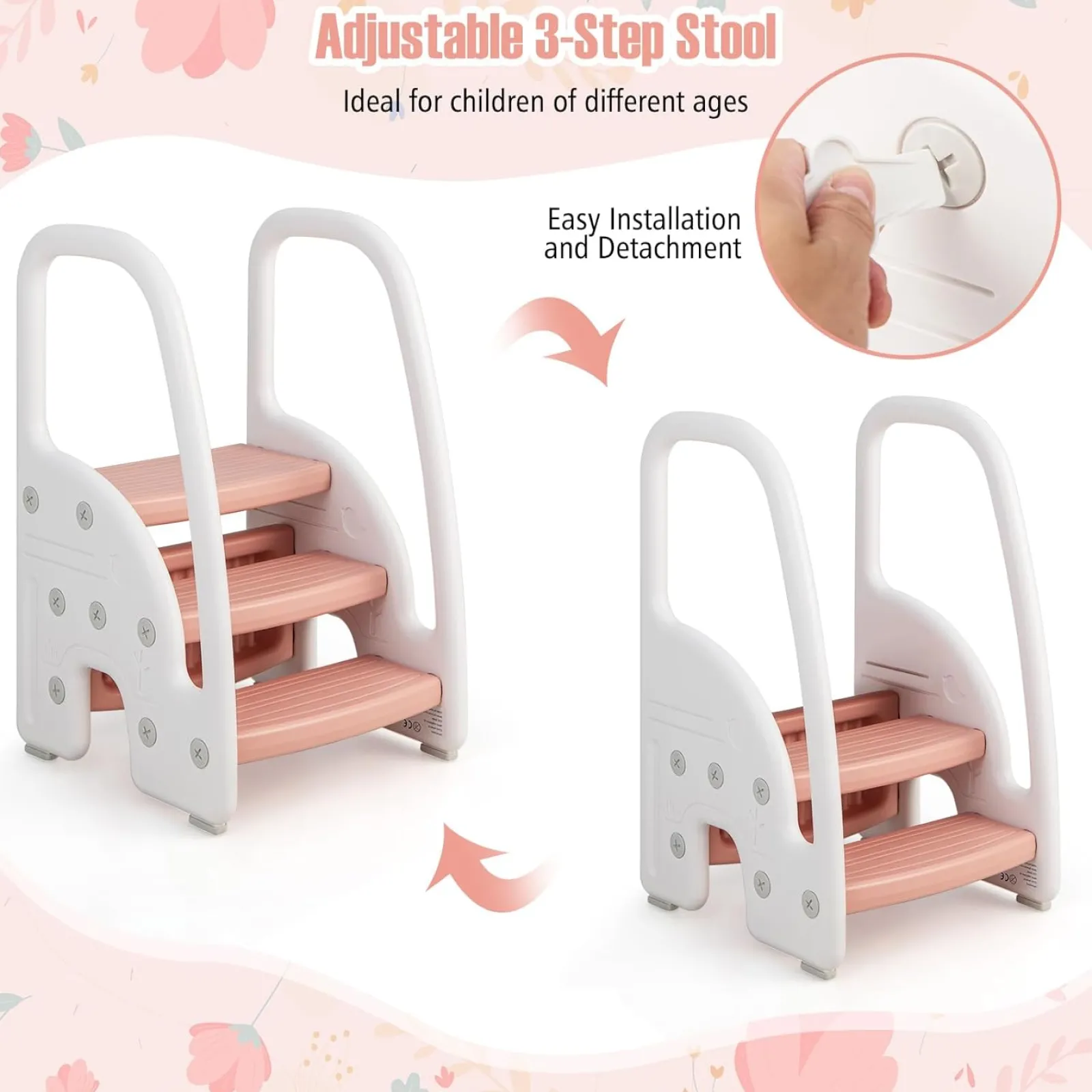 Little Helper Funpod® Learning Towers | Chairs & Stools | Grow-with-me Montessori Non Slip Step Stool | Learning Tower | White & Pink | 12m+