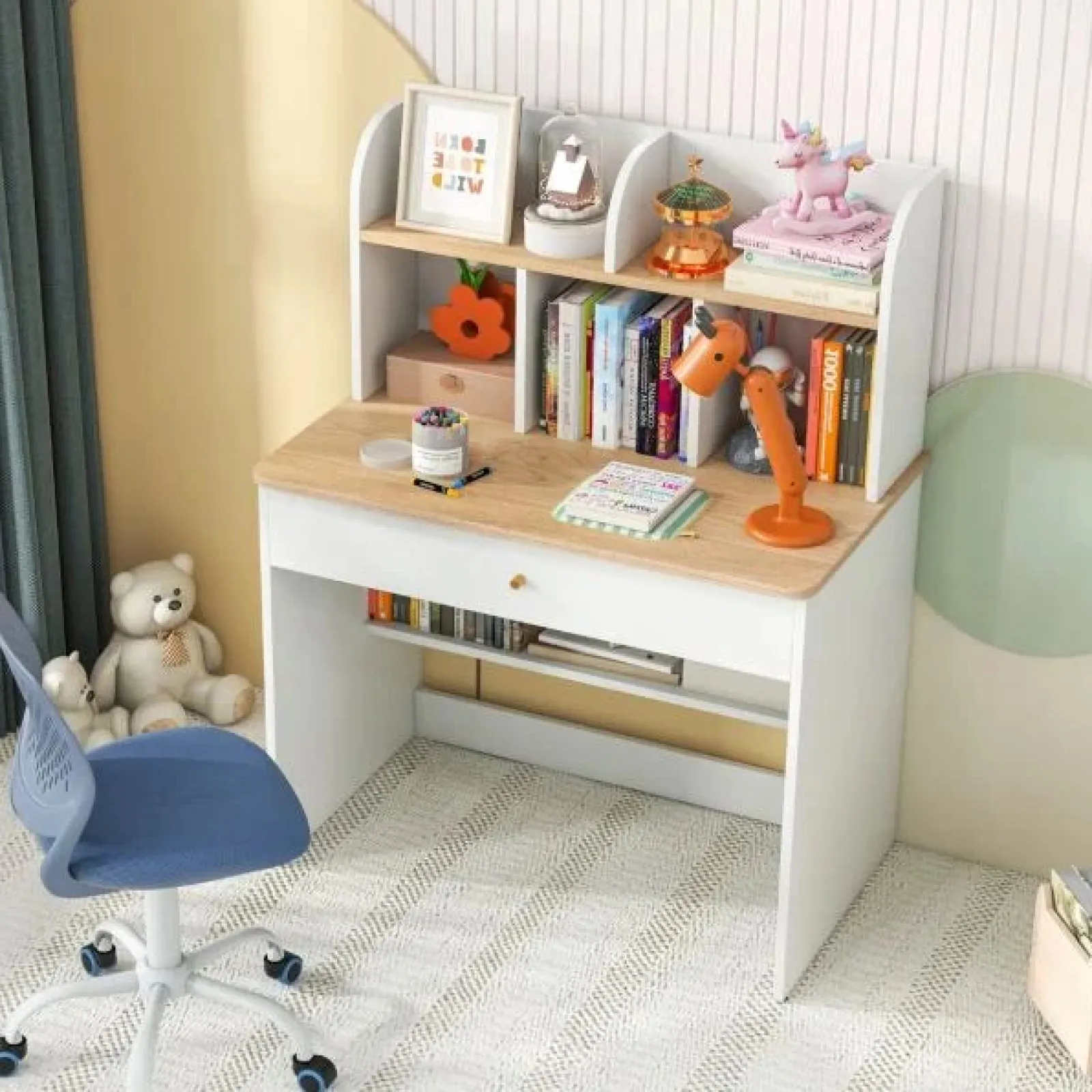 Little Helper Table & Chairs (wooden) | Heavy Duty Hutch Desk | Storage Shelves & Drawer | Bookcase | White | 3- 15 Years
