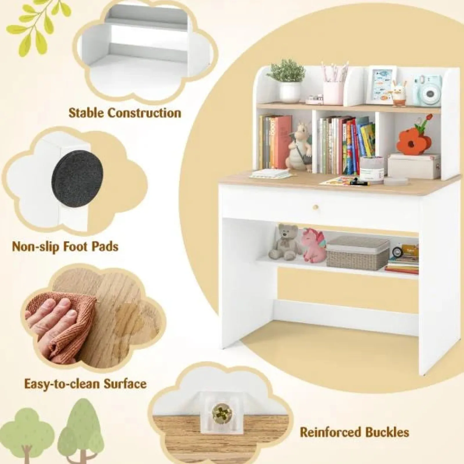 Little Helper Table & Chairs (wooden) | Heavy Duty Hutch Desk | Storage Shelves & Drawer | Bookcase | White | 3- 15 Years
