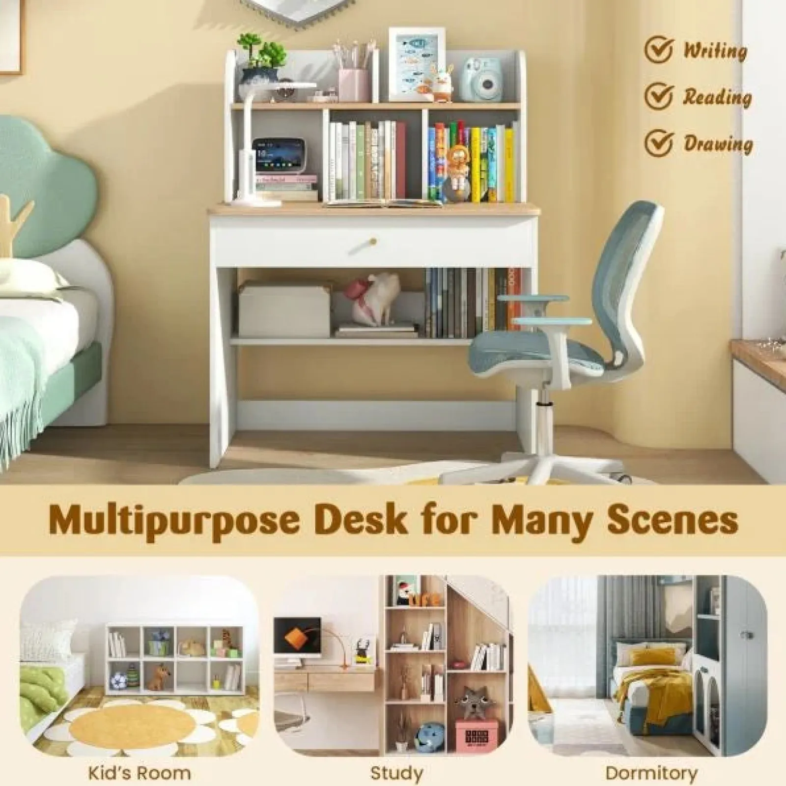 Little Helper Table & Chairs (wooden) | Heavy Duty Hutch Desk | Storage Shelves & Drawer | Bookcase | White | 3- 15 Years