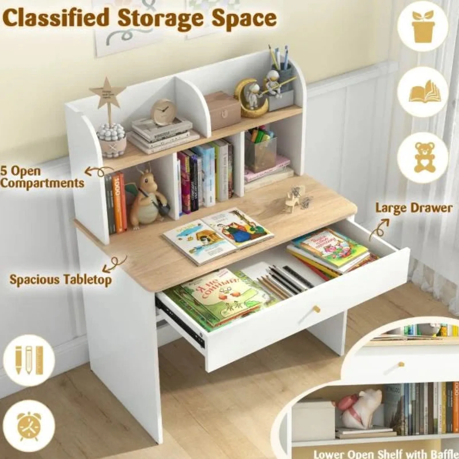 Little Helper Table & Chairs (wooden) | Heavy Duty Hutch Desk | Storage Shelves & Drawer | Bookcase | White | 3- 15 Years
