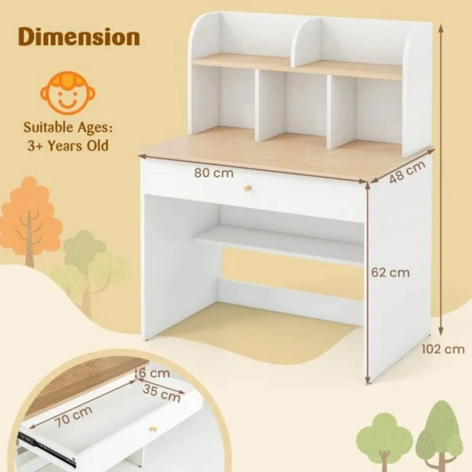 Little Helper Table & Chairs (wooden) | Heavy Duty Hutch Desk | Storage Shelves & Drawer | Bookcase | White | 3- 15 Years