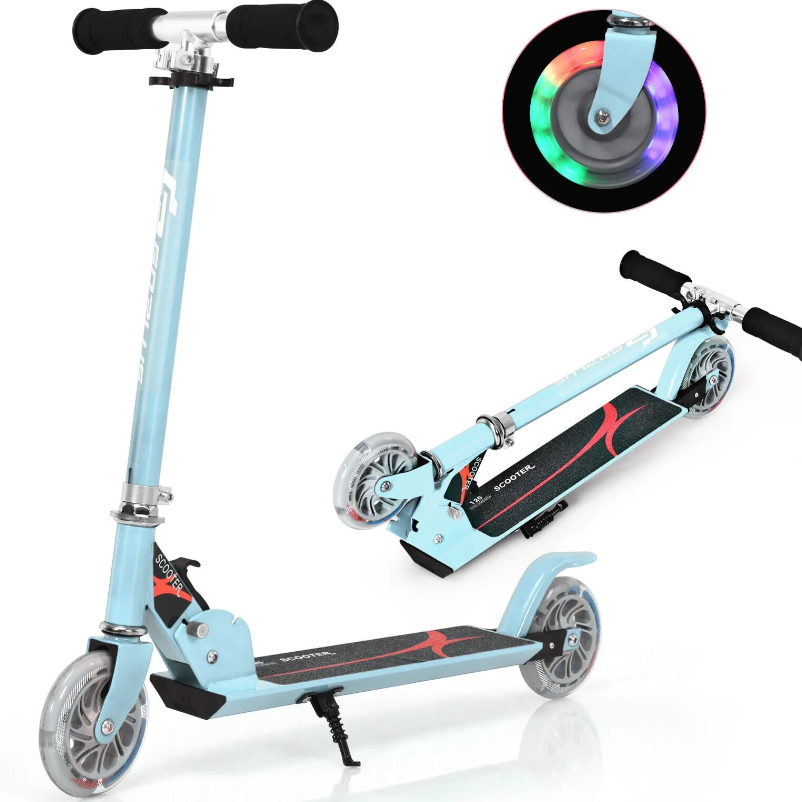 Little Helper Balance Bikes & Kids Scooters & Kids Bikes | Height Adjustable Folding Stunt Scooter | Adjustable T-Bar | Push Kick | Light Up 2 Wheels | Blue | 4-13 Years
