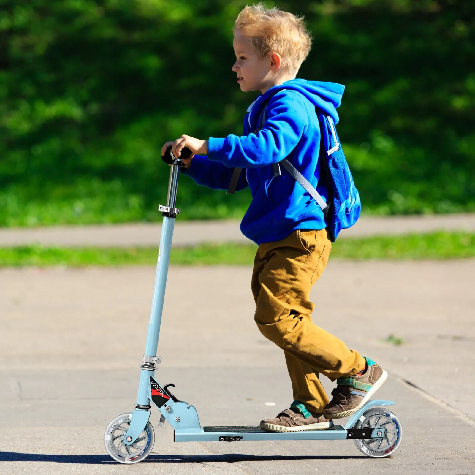 Little Helper Balance Bikes & Kids Scooters & Kids Bikes | Height Adjustable Folding Stunt Scooter | Adjustable T-Bar | Push Kick | Light Up 2 Wheels | Blue | 4-13 Years