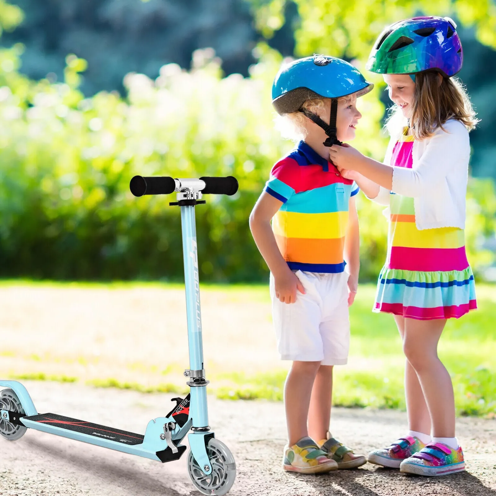 Little Helper Balance Bikes & Kids Scooters & Kids Bikes | Height Adjustable Folding Stunt Scooter | Adjustable T-Bar | Push Kick | Light Up 2 Wheels | Blue | 4-13 Years