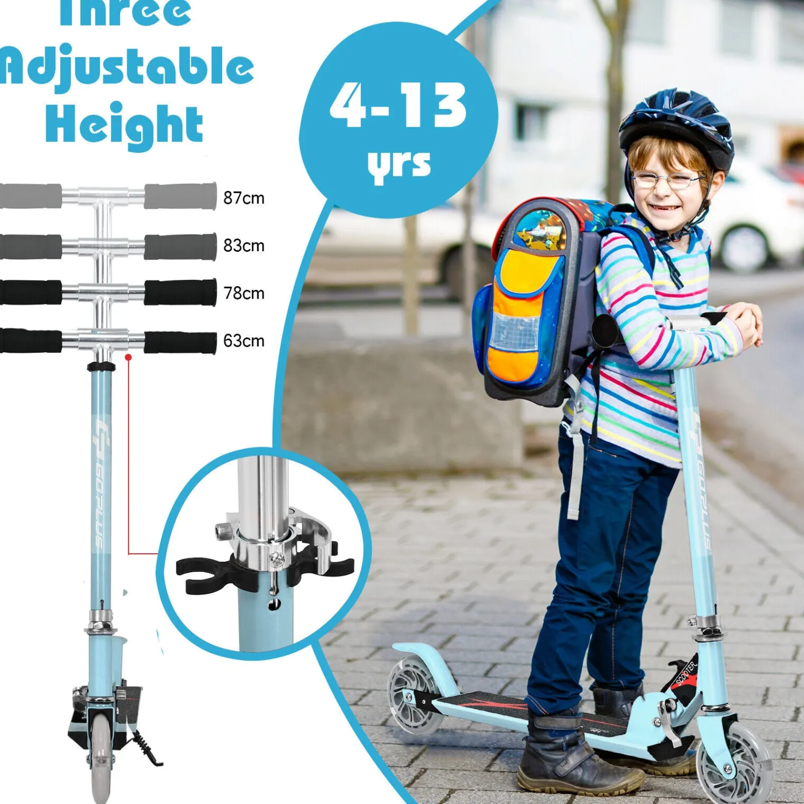 Little Helper Balance Bikes & Kids Scooters & Kids Bikes | Height Adjustable Folding Stunt Scooter | Adjustable T-Bar | Push Kick | Light Up 2 Wheels | Blue | 4-13 Years