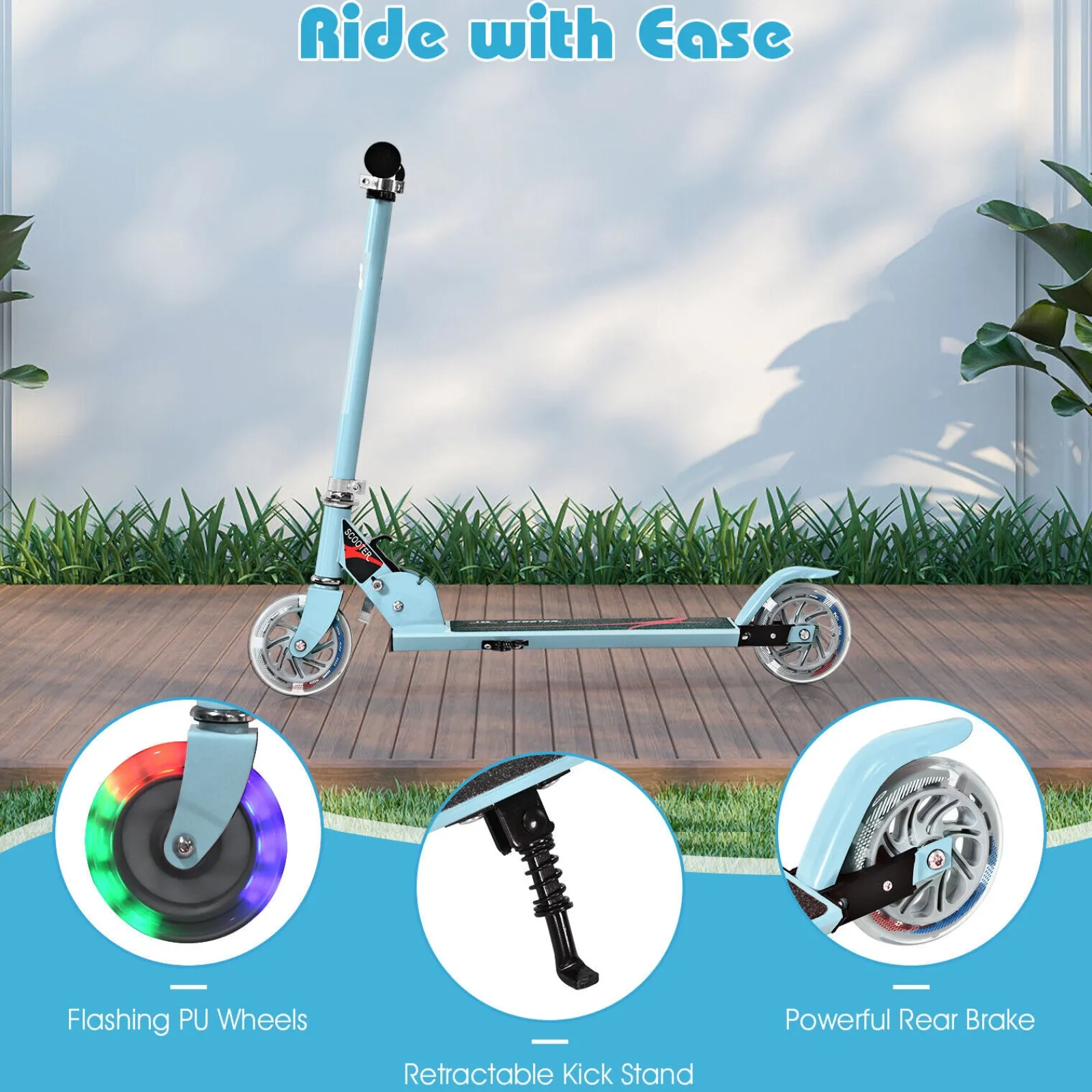 Little Helper Balance Bikes & Kids Scooters & Kids Bikes | Height Adjustable Folding Stunt Scooter | Adjustable T-Bar | Push Kick | Light Up 2 Wheels | Blue | 4-13 Years