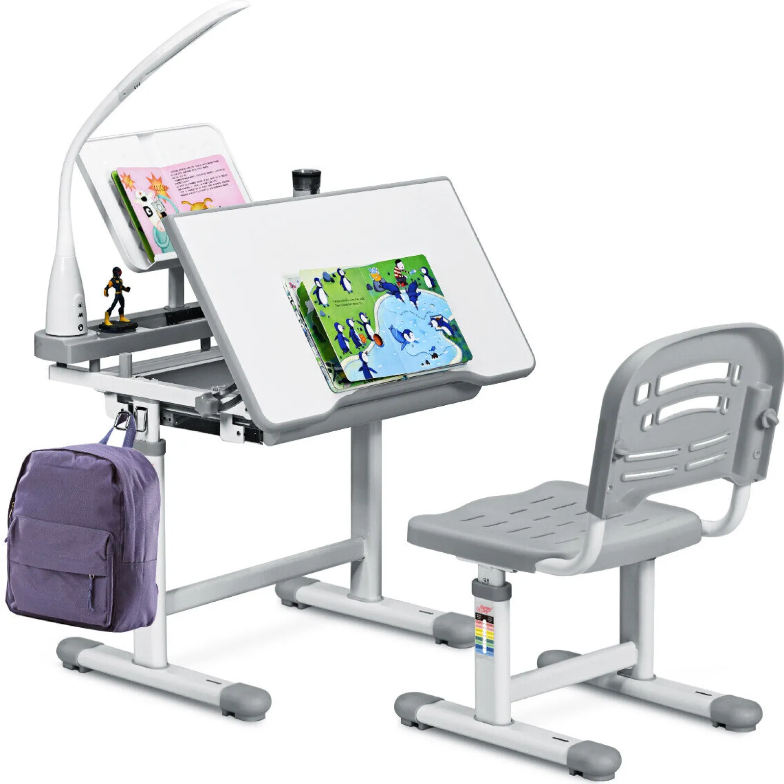 Little Helper Table & Chairs (plastic) | Height Adjustable Tilting Study Desk & Ergonomic Chair | Grey | 3-12 Years