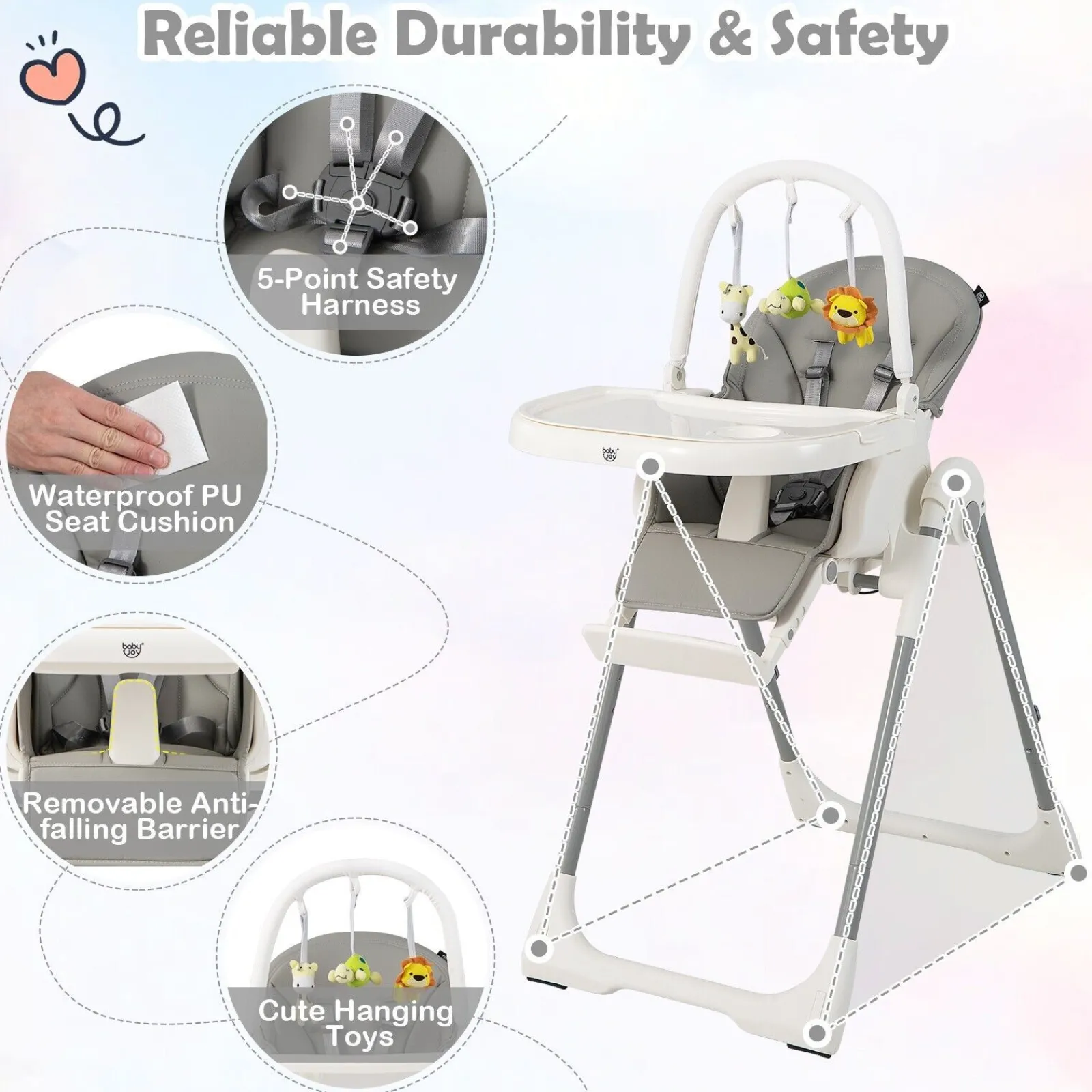 Little Helper High Chairs (plastic) | 4-in-1 Reclining | Folding | Height Adjustable Baby High Chair | Toy Bar | Cushion