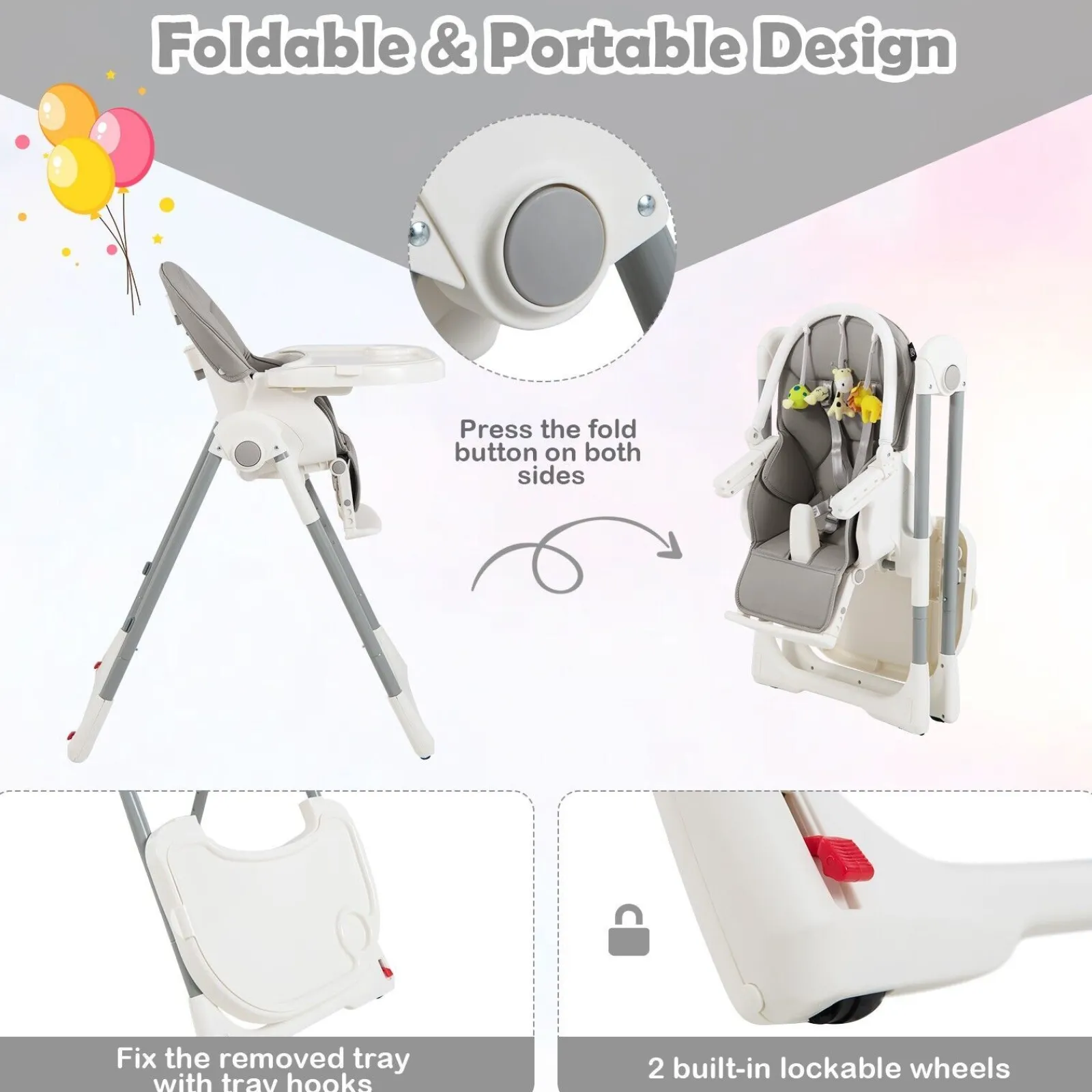 Little Helper High Chairs (plastic) | 4-in-1 Reclining | Folding | Height Adjustable Baby High Chair | Toy Bar | Cushion