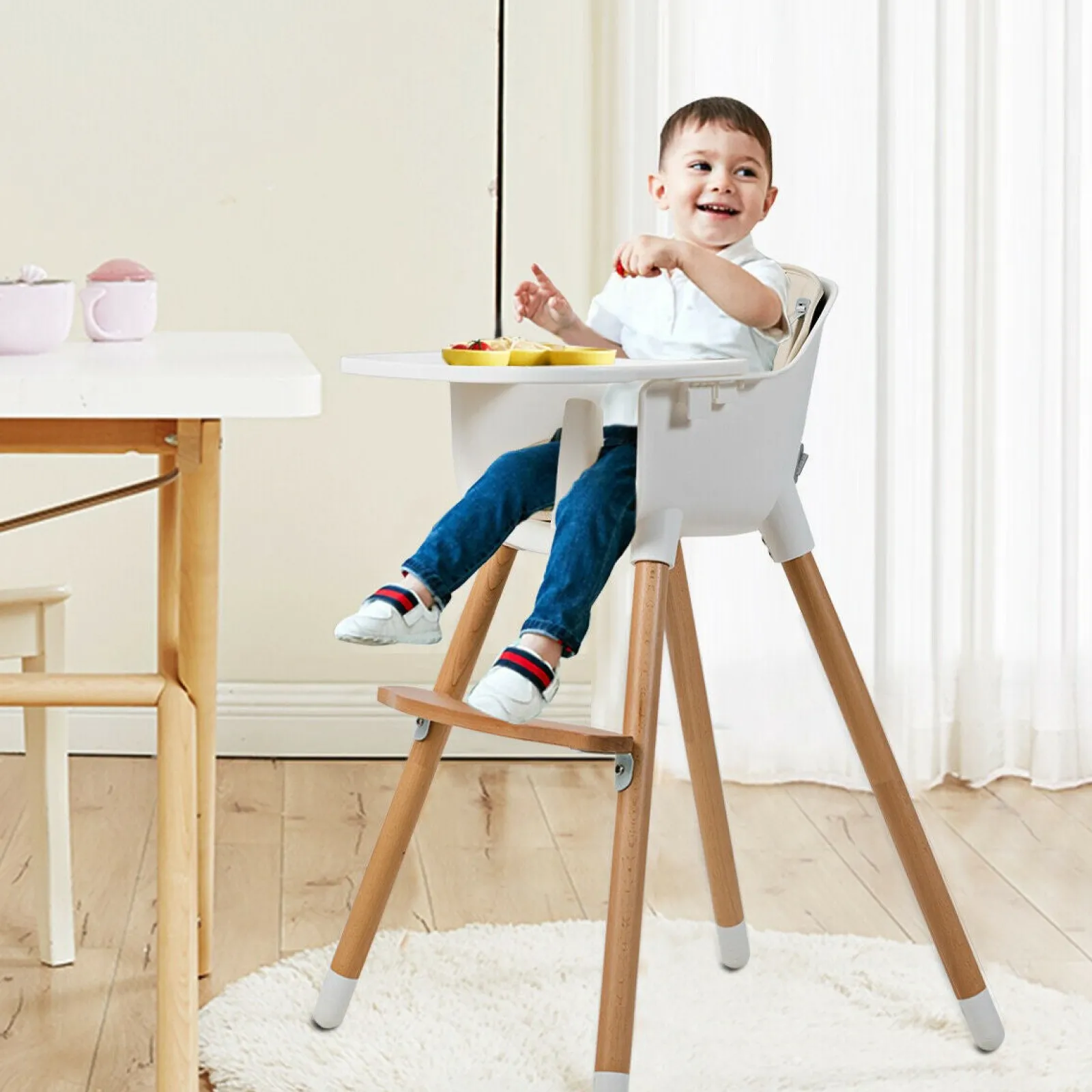 Little Helper High Chairs (wooden) | High Chairs (combination) | 3-in-1 Adjustable Height Beech Wooden High Chair & Tray | Low Chair | Beige Cushion