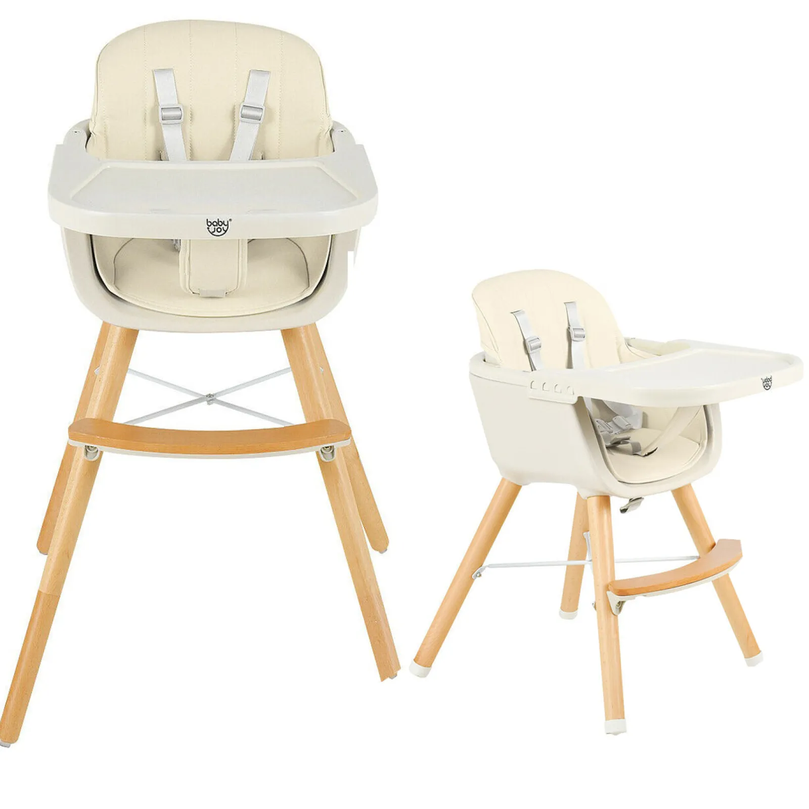 Little Helper High Chairs (wooden) | High Chairs (combination) | 3-in-1 Adjustable Height Beech Wooden High Chair & Tray | Low Chair | Cream Cushion
