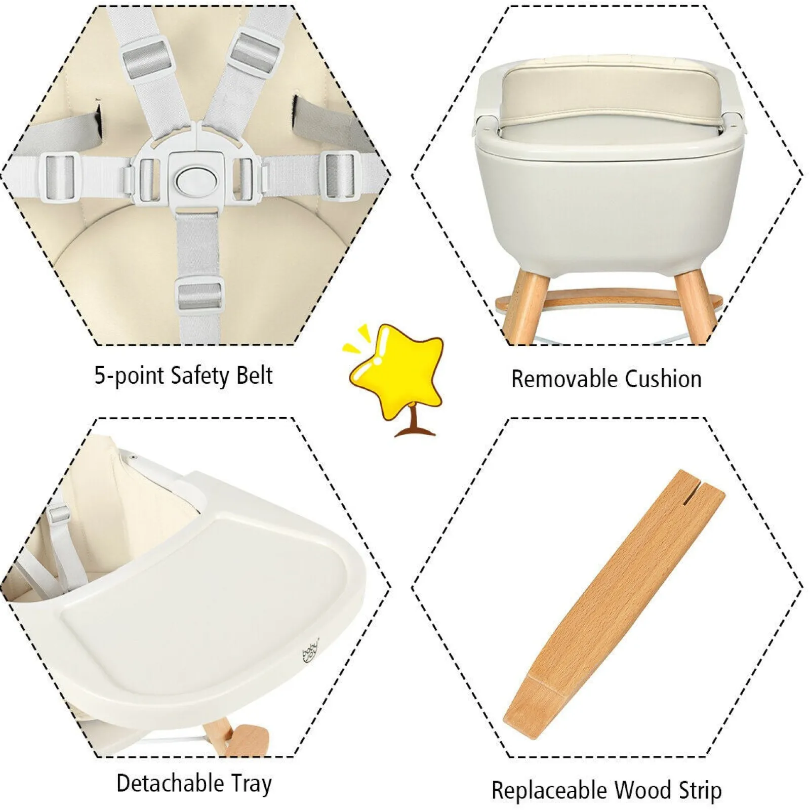 Little Helper High Chairs (wooden) | High Chairs (combination) | 3-in-1 Adjustable Height Beech Wooden High Chair & Tray | Low Chair | Cream Cushion