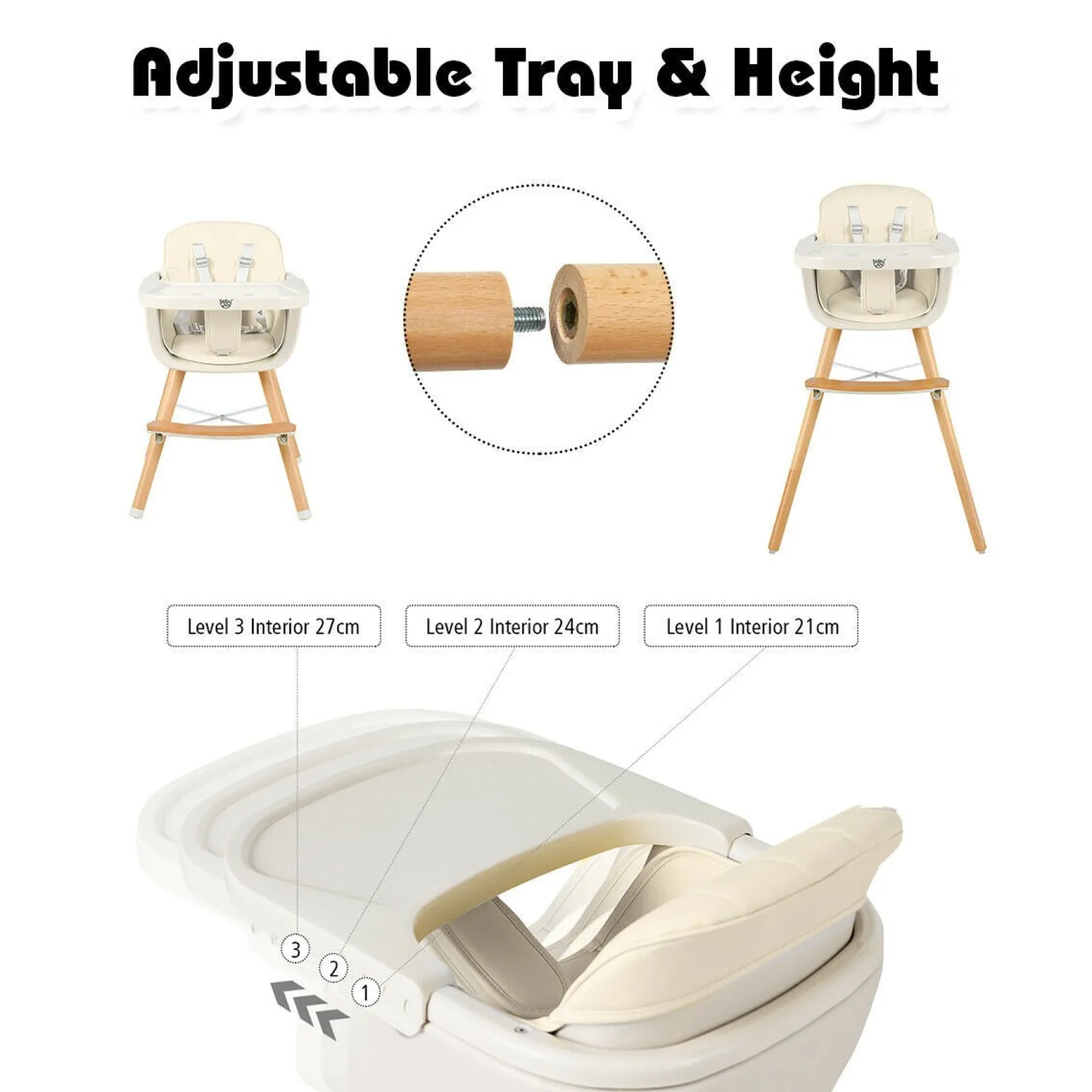 Little Helper High Chairs (wooden) | High Chairs (combination) | 3-in-1 Adjustable Height Beech Wooden High Chair & Tray | Low Chair | Cream Cushion