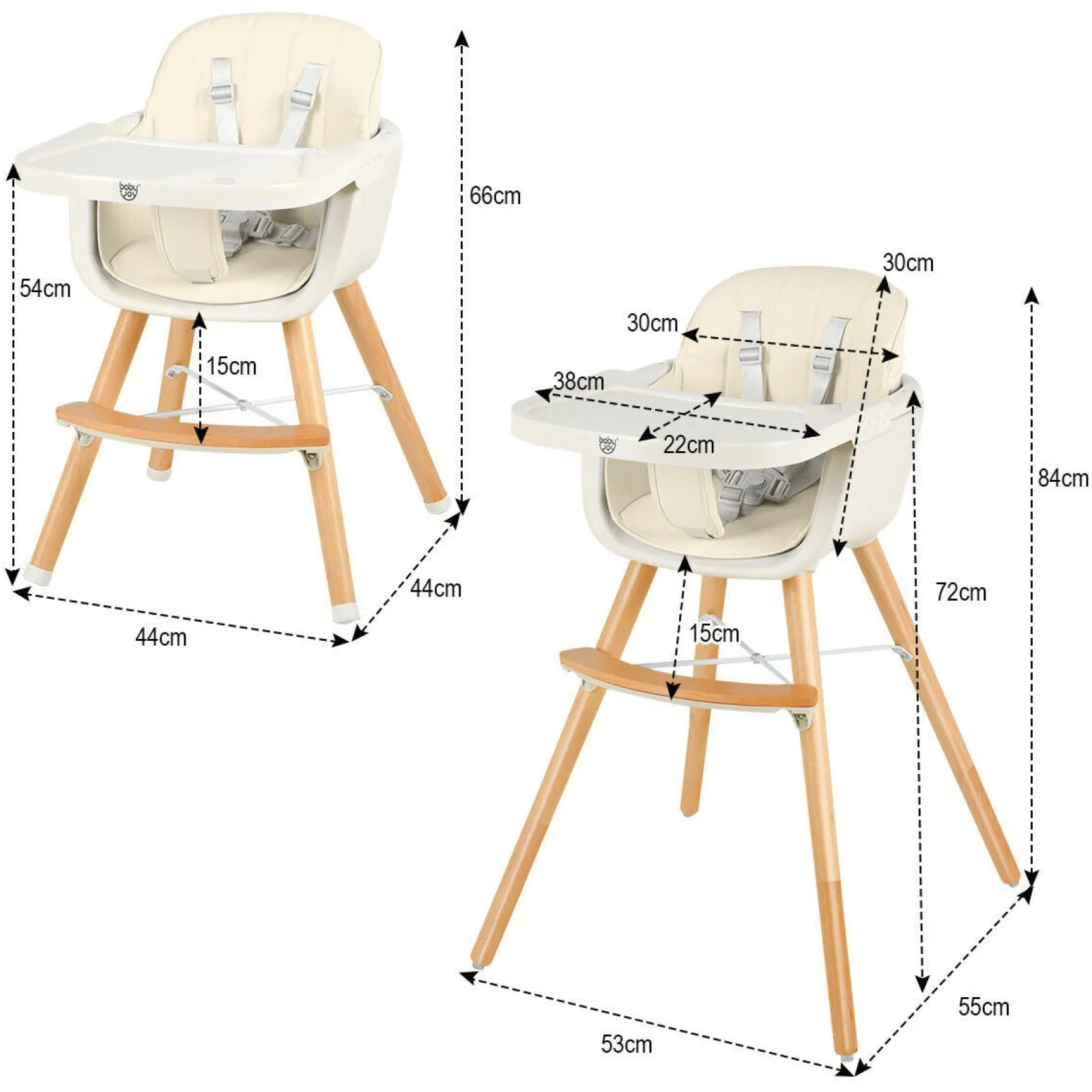 Little Helper High Chairs (wooden) | High Chairs (combination) | 3-in-1 Adjustable Height Beech Wooden High Chair & Tray | Low Chair | Cream Cushion