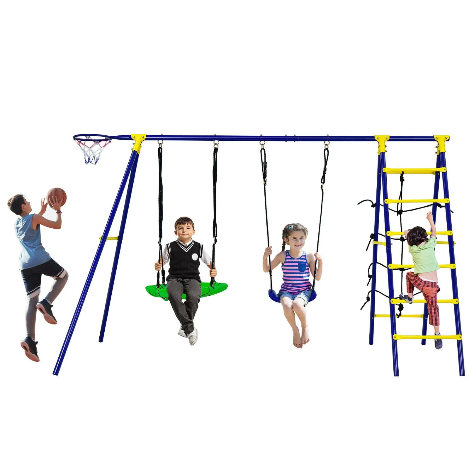 Little Helper Swing & Slide Sets & Garden Play & Trampolines | 7-in-1 Anti-rust Children's 2 Swings Set | Climbing Ladder & Net and Basketball Hoop |
