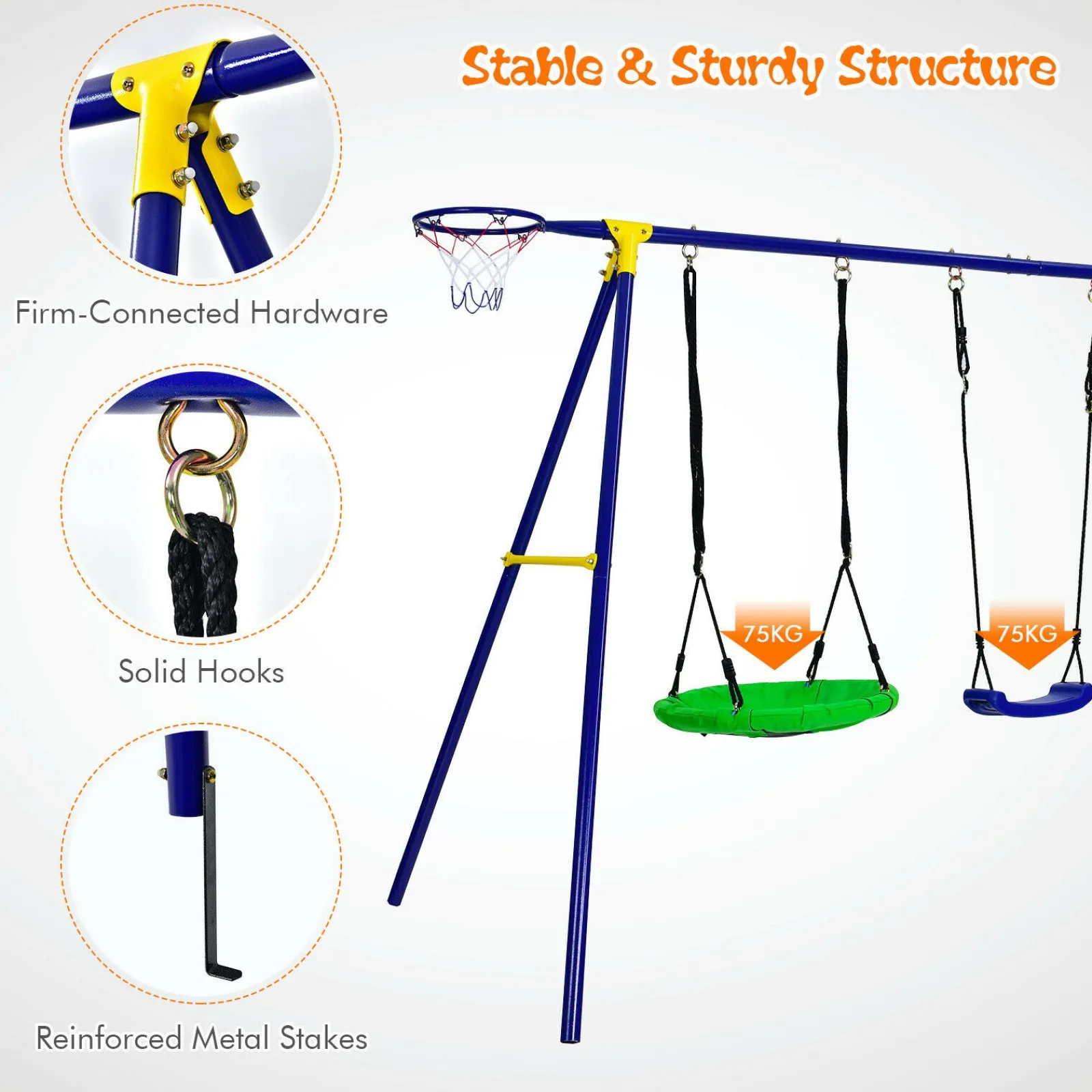 Little Helper Swing & Slide Sets & Garden Play & Trampolines | 7-in-1 Anti-rust Children's 2 Swings Set | Climbing Ladder & Net and Basketball Hoop |