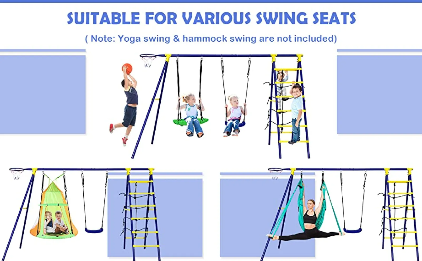 Little Helper Swing & Slide Sets & Garden Play & Trampolines | 7-in-1 Anti-rust Children's 2 Swings Set | Climbing Ladder & Net and Basketball Hoop |