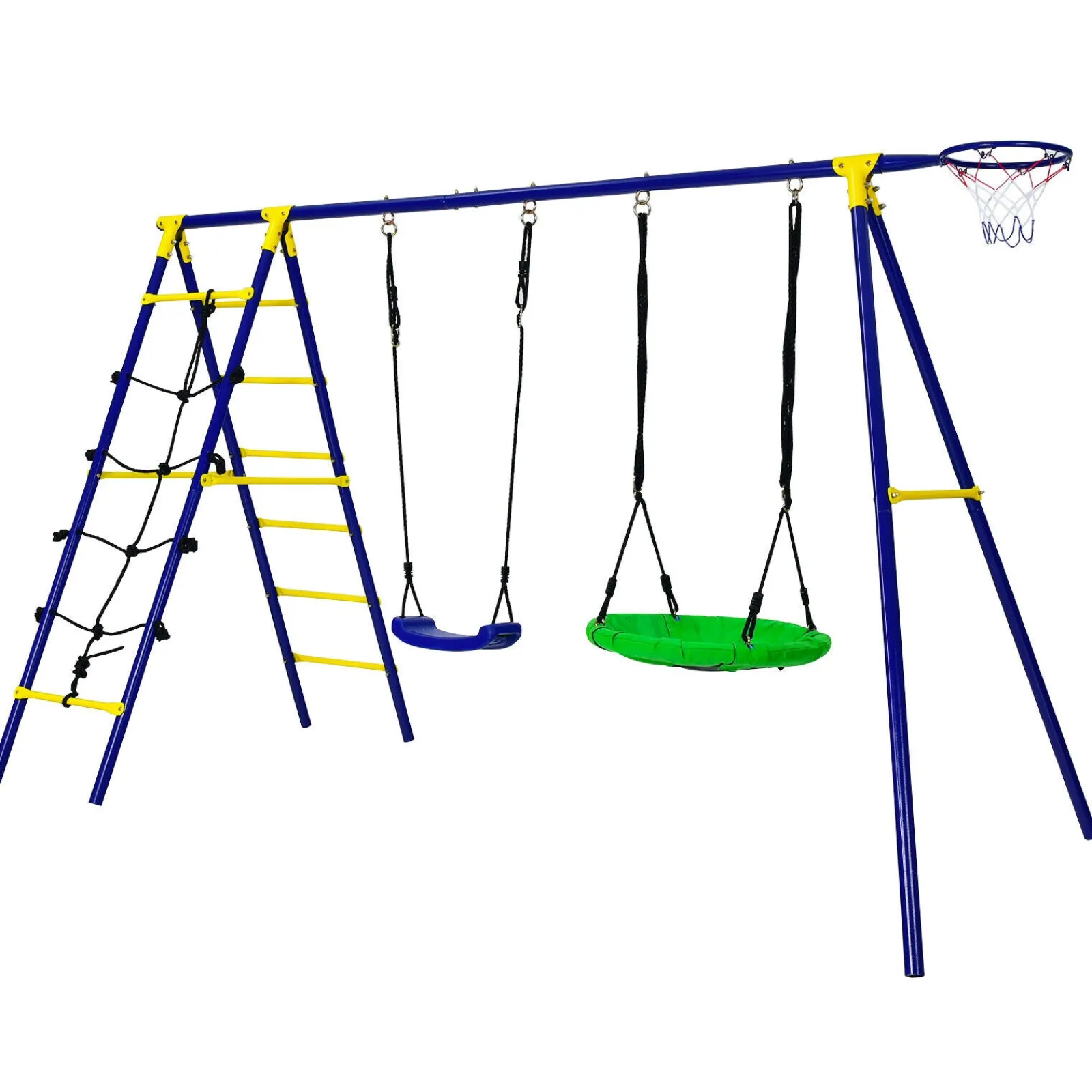 Little Helper Swing & Slide Sets & Garden Play & Trampolines | 7-in-1 Anti-rust Children's 2 Swings Set | Climbing Ladder & Net and Basketball Hoop |