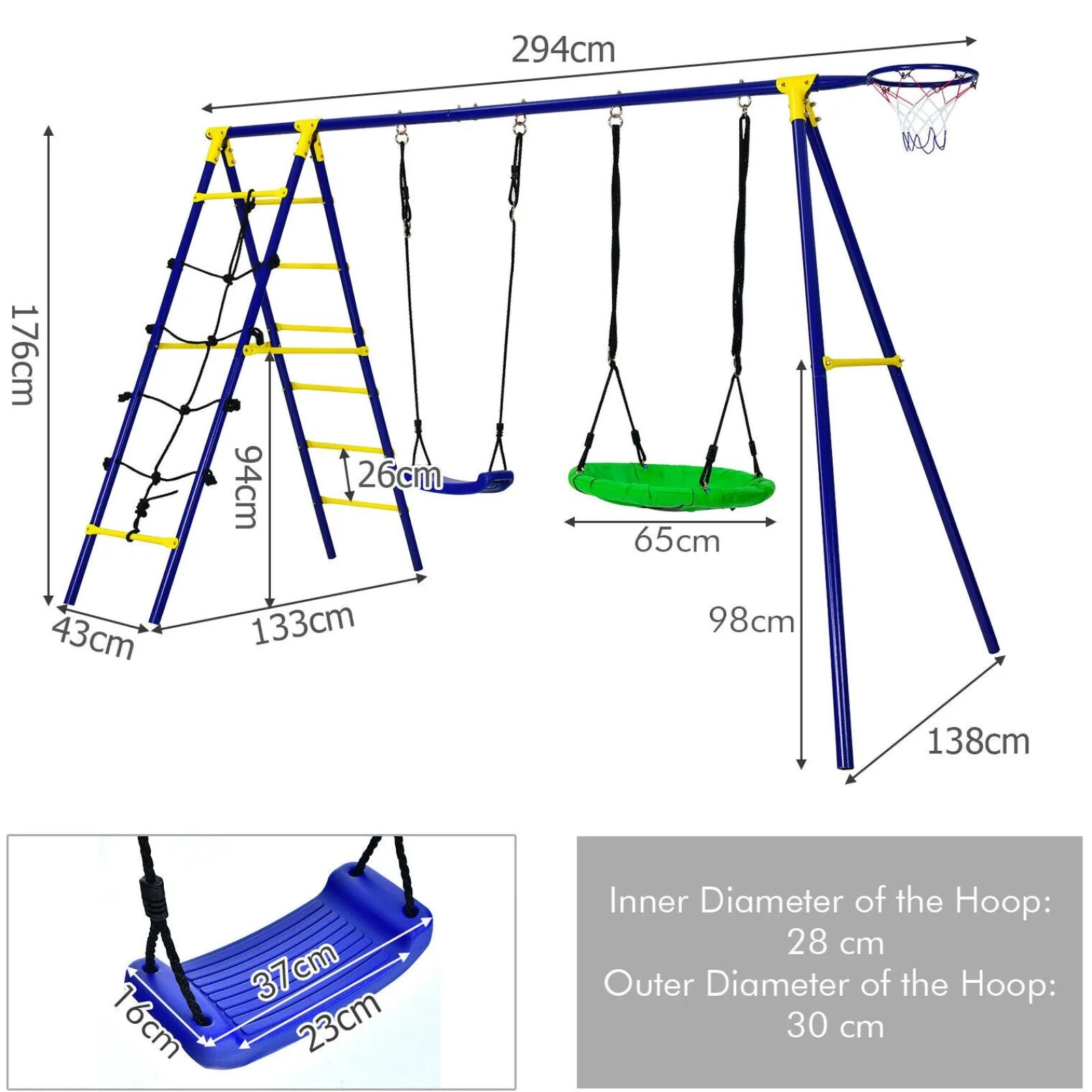 Little Helper Swing & Slide Sets & Garden Play & Trampolines | 7-in-1 Anti-rust Children's 2 Swings Set | Climbing Ladder & Net and Basketball Hoop |