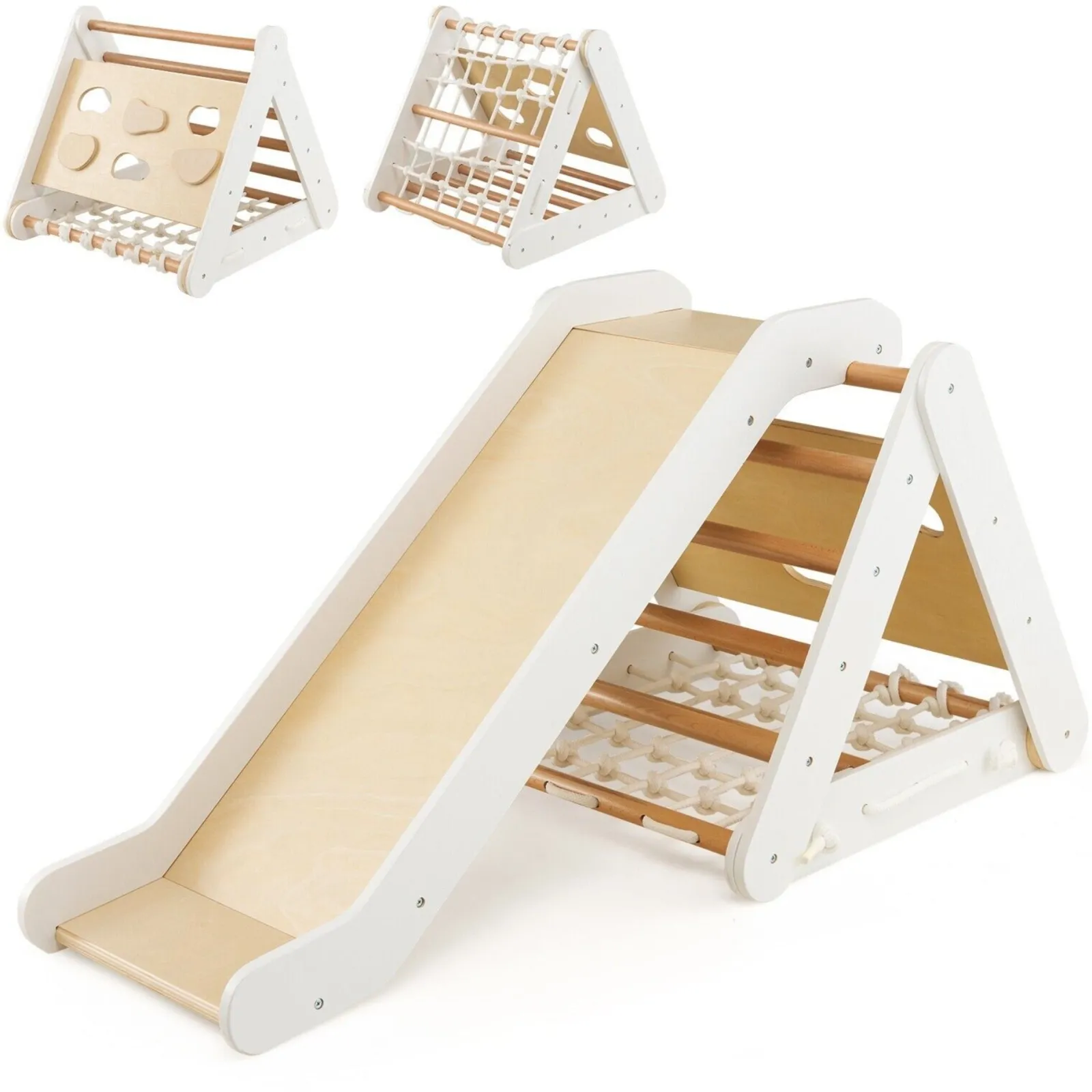 Little Helper Swing & Slide Sets & Garden Play & Trampolines | Kids Climbing Frames & Activity Toys | 4-in-1 Children's Eco Birch Wood Climbing Frame | Montessori Pikler Triangle, Slide & Climber | Natural Wood & White