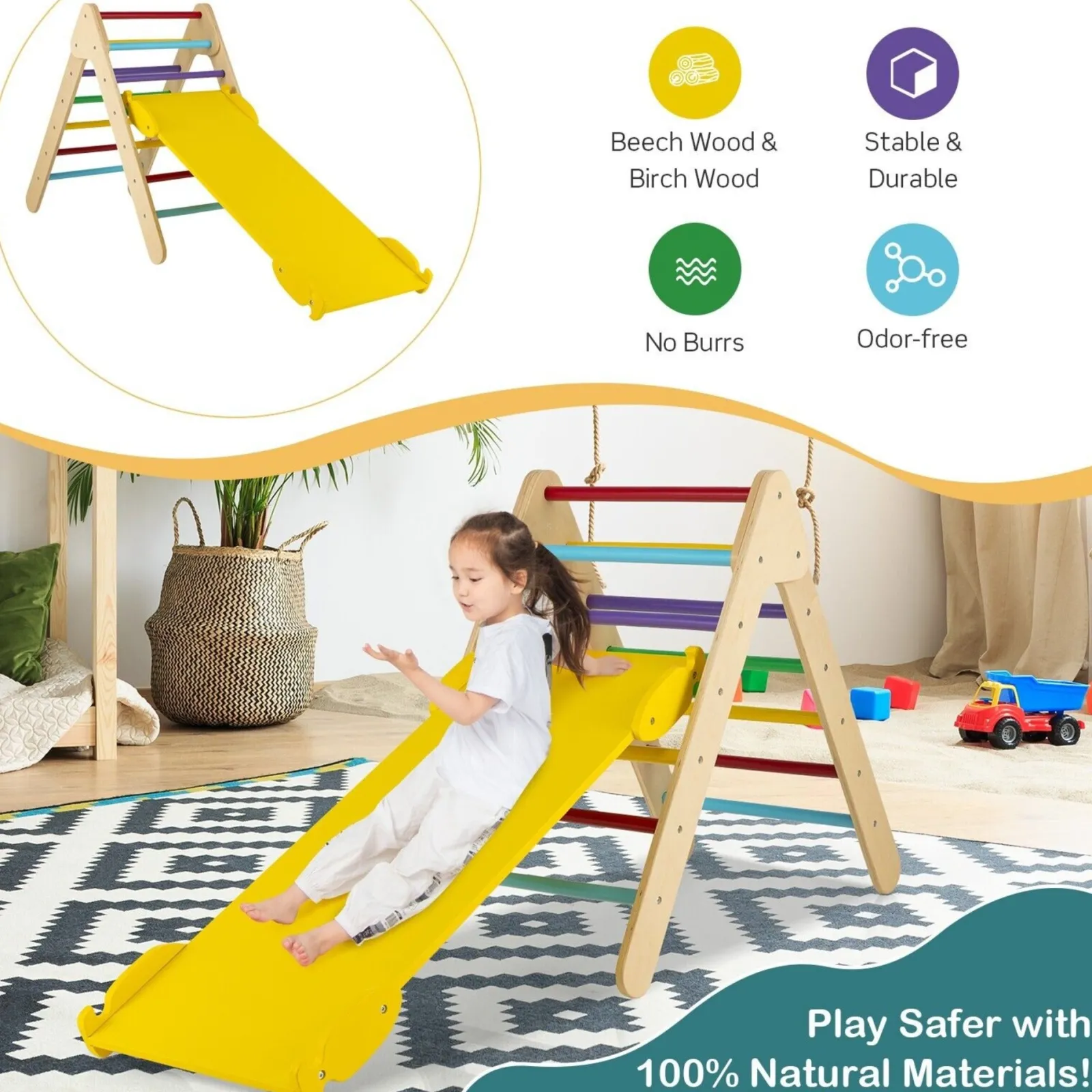 Little Helper Swing & Slide Sets & Garden Play & Trampolines | Kids Climbing Frames & Activity Toys | 3-in-1 Children's Eco Wood Climbing Frame | Montessori Pikler Triangle, Slide & Climber