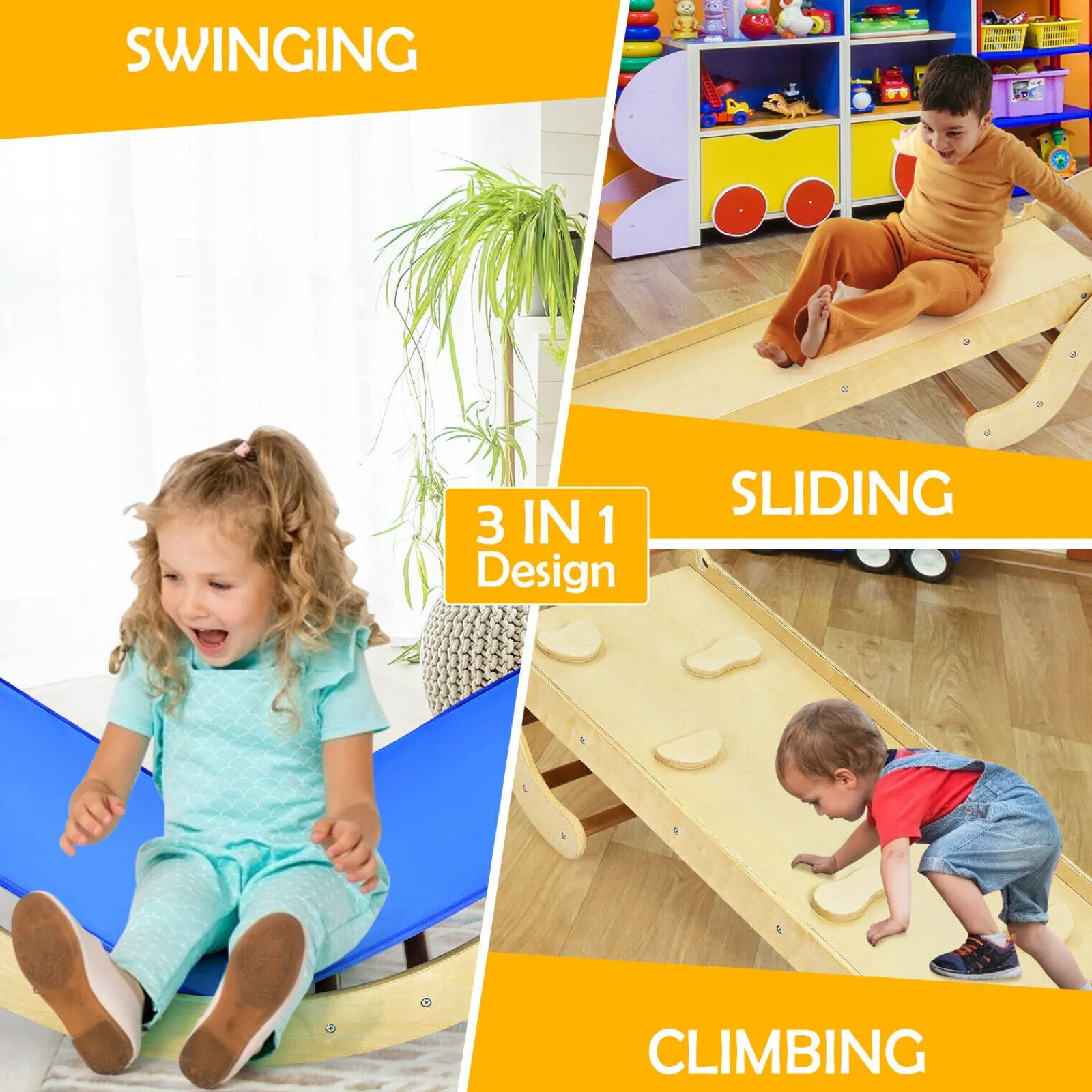 Little Helper Swing & Slide Sets & Garden Play & Trampolines | Kids Climbing Frames & Activity Toys | 4-in-1 Children's Eco Wood Pikler Climbing Arch, Rocker Chair, Slide & Climber | Natural Wood