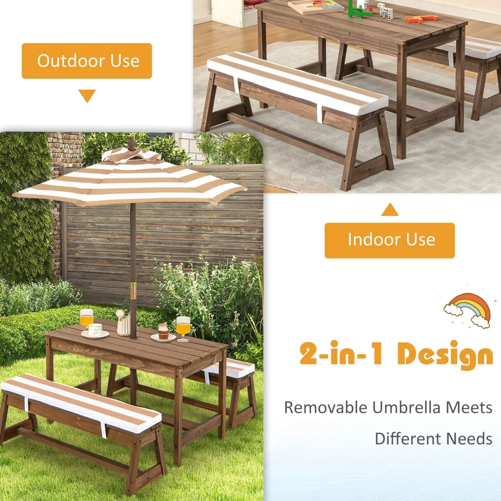 Little Helper Swing & Slide Sets & Garden Play & Trampolines | Sand & Water Table & Sandpits & Mud Kitchens | 2-in-1 Children’s Picnic Bench | Removable Cushions & Umbrella | Indoor and Outdoor Use