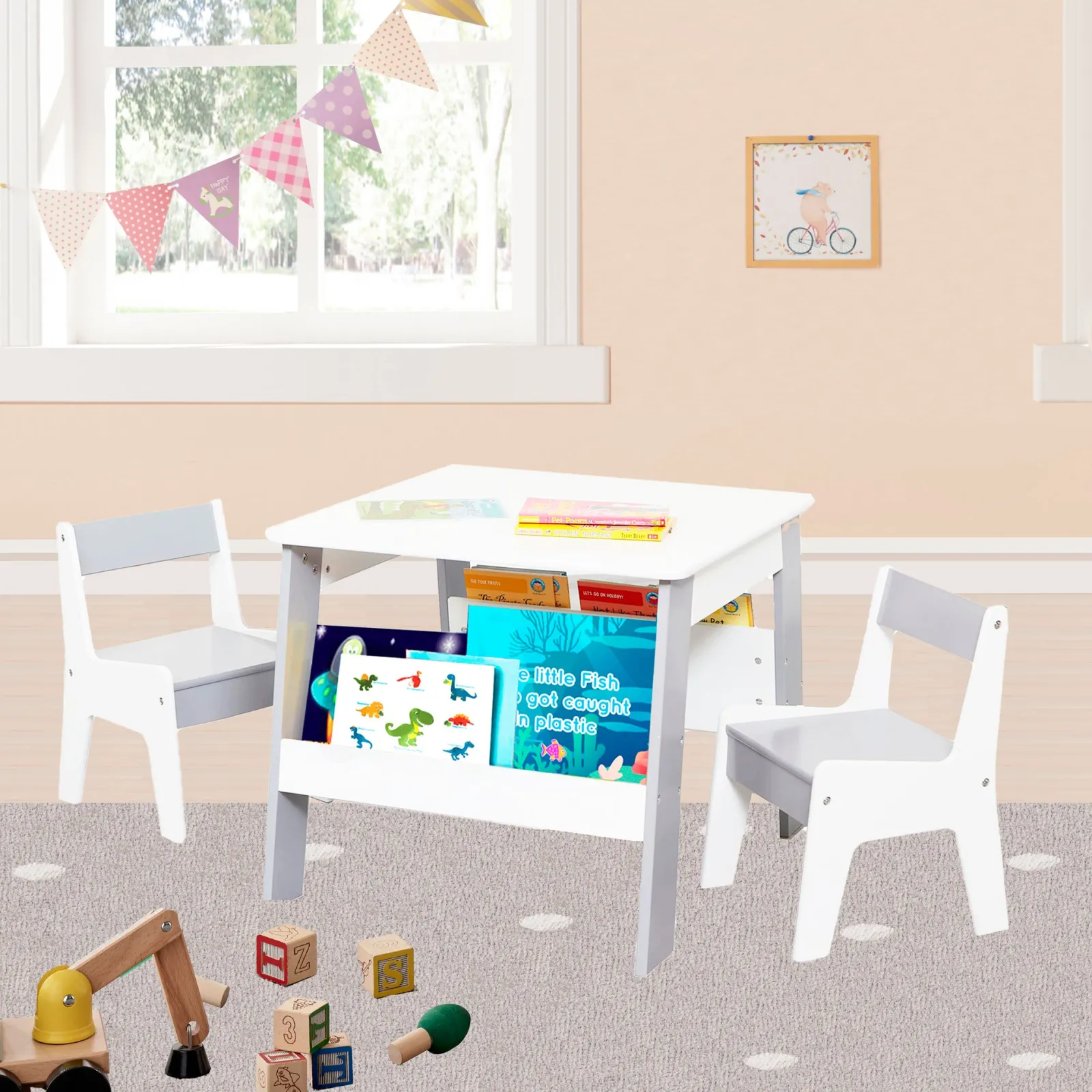 Little Helper Table & Chairs (wooden) | 2-in-1 Childrens Table and 2 Chairs Set | Bookshelf & Storage | White and Grey
