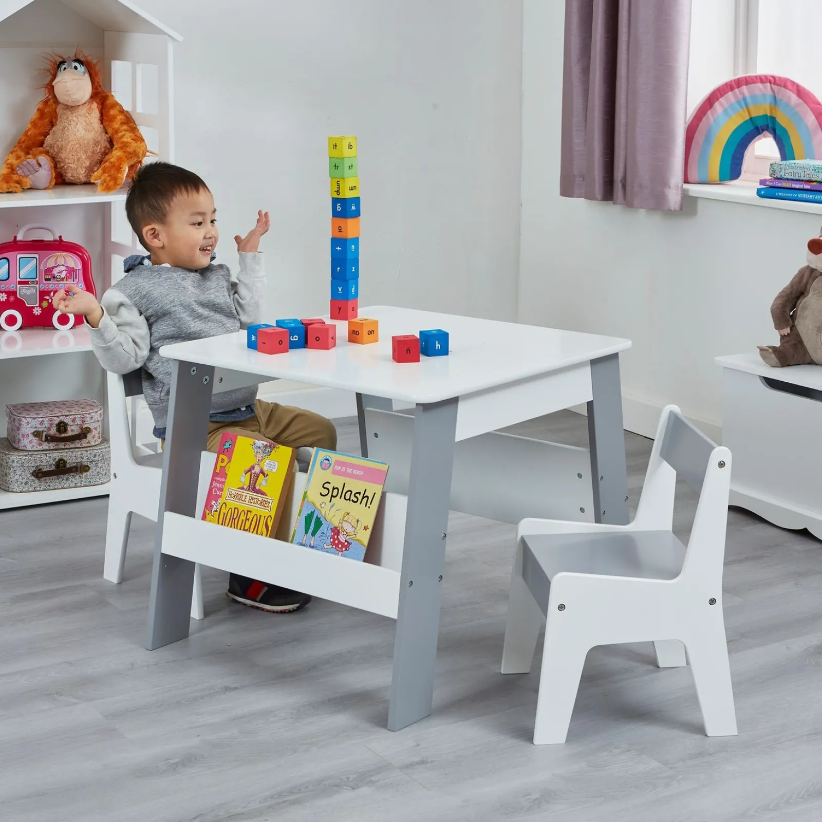 Little Helper Table & Chairs (wooden) | 2-in-1 Childrens Table and 2 Chairs Set | Bookshelf & Storage | White and Grey