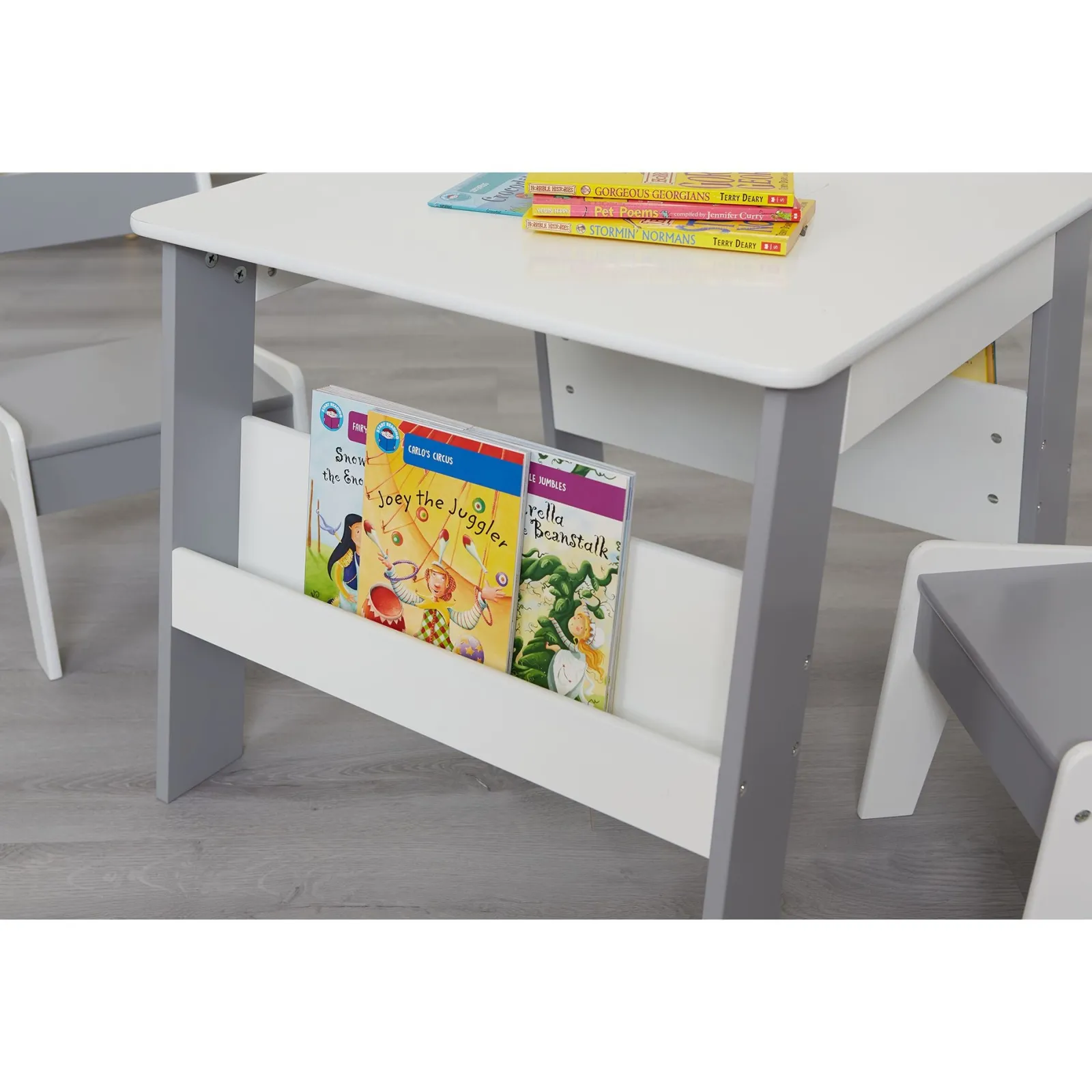 Little Helper Table & Chairs (wooden) | 2-in-1 Childrens Table and 2 Chairs Set | Bookshelf & Storage | White and Grey