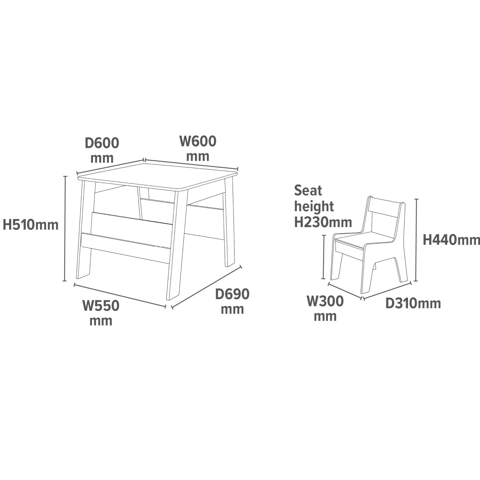 Little Helper Table & Chairs (wooden) | 2-in-1 Childrens Table and 2 Chairs Set | Bookshelf & Storage | White and Grey