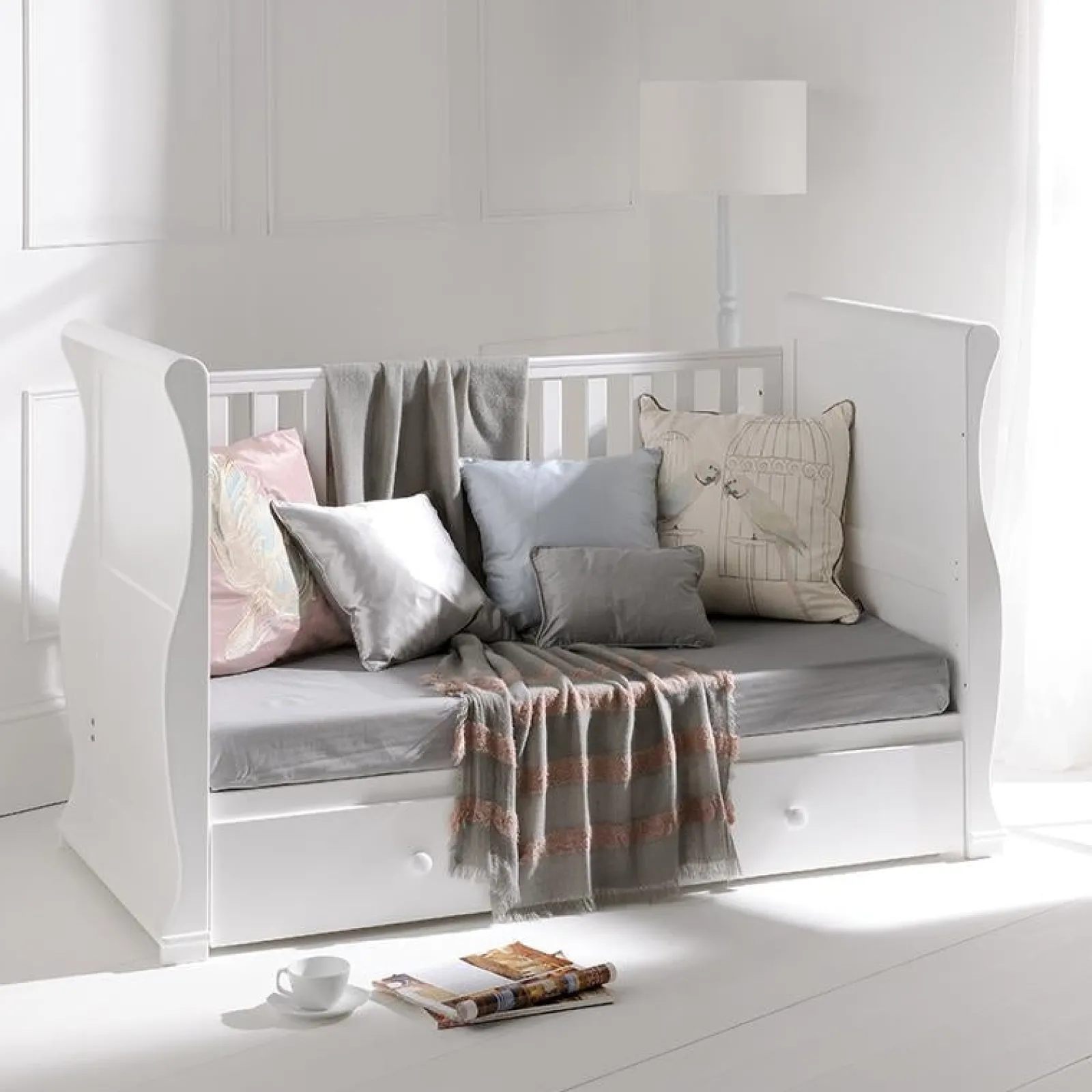 Little Helper Toddler Beds & Childrens Single Beds | Cot Beds | 4-in-1 Cocoon Sleigh Cot Bed with Drawer | Wooden Cot | Toddler Bed | Day Bed | White